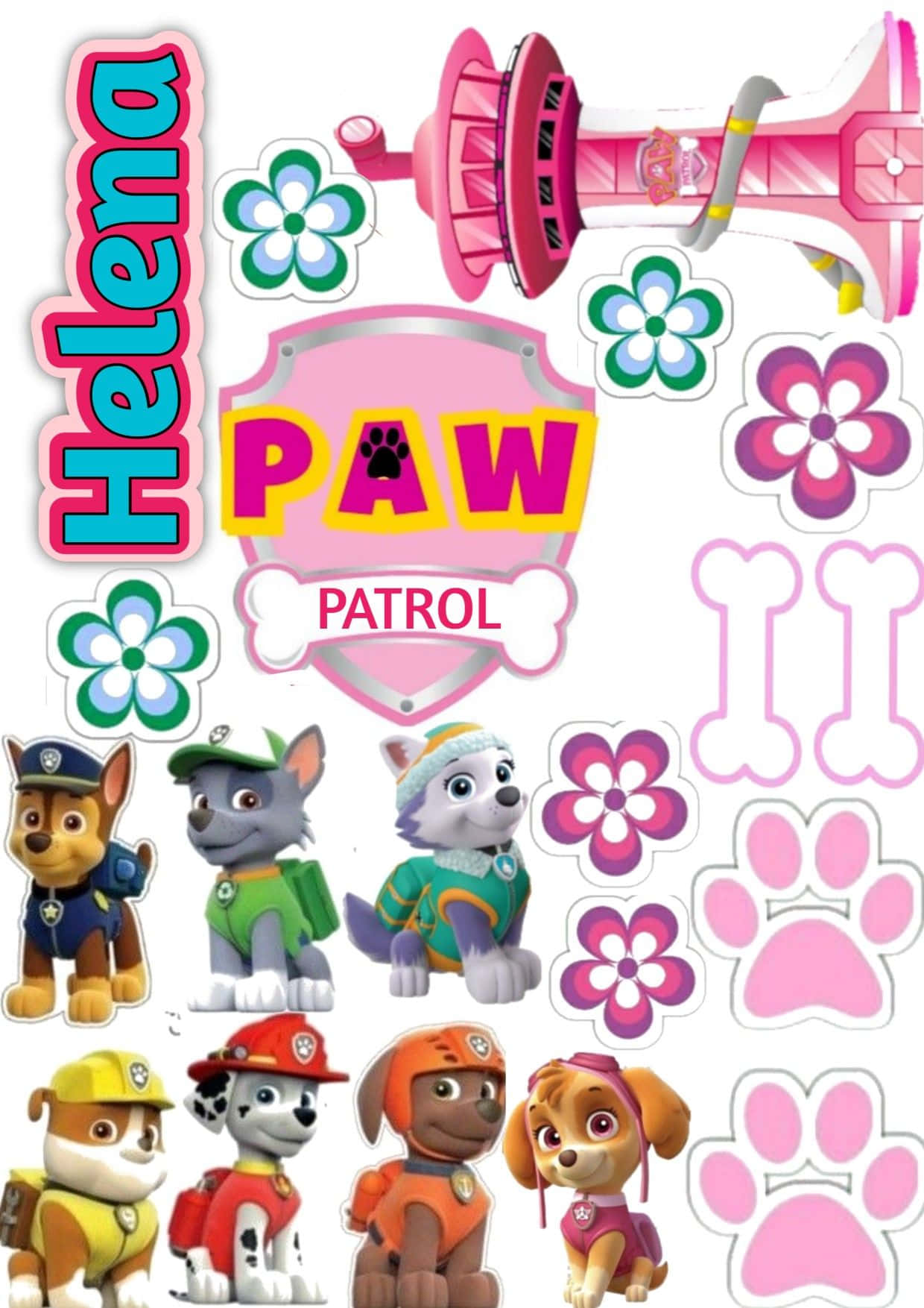 個人化 Paw Patrol 牆貼，帶有角色、花朵、骨頭和塔。