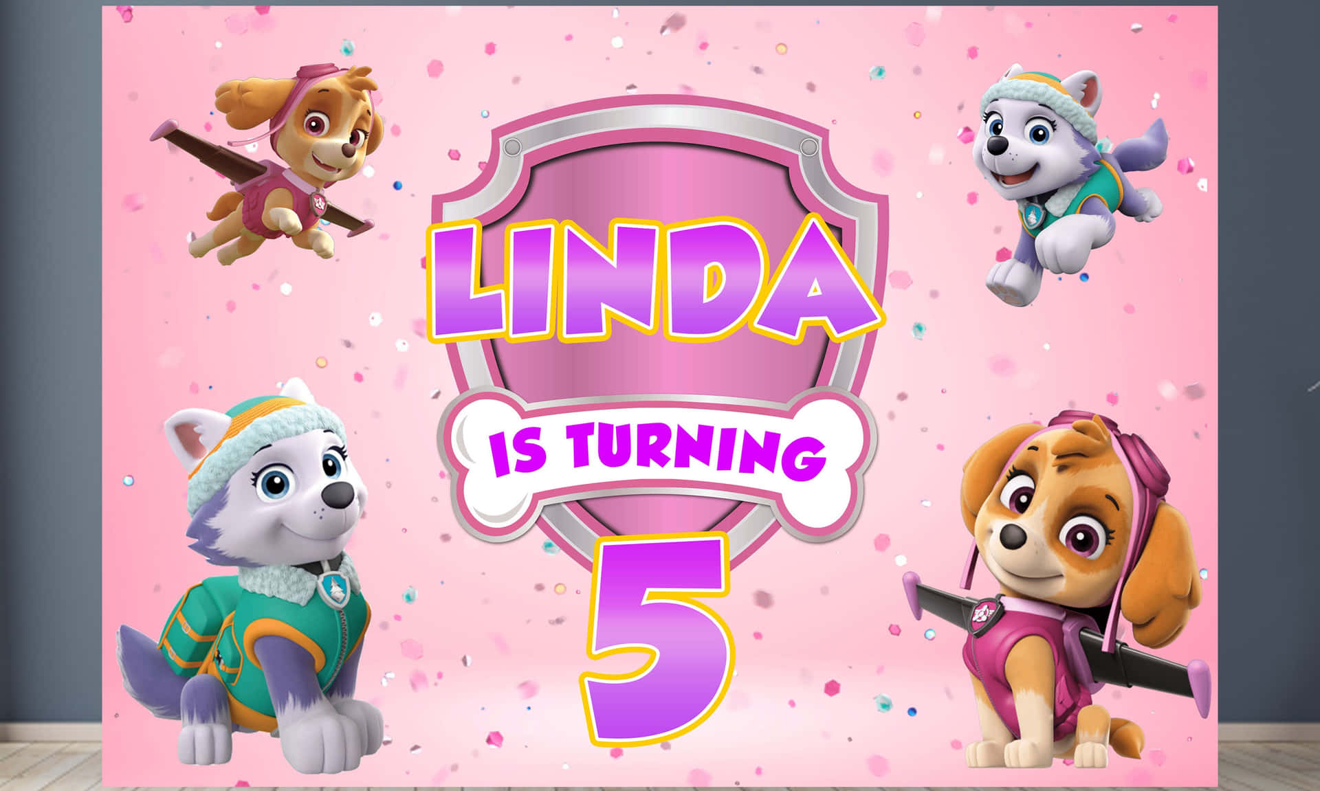 Paw Patrol 小狗用五彩紙屑和粉紅色盾牌標誌慶祝 Linda 的五歲生日。