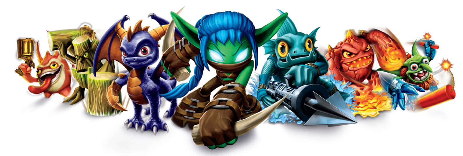 一群色彩繽紛的Skylanders遊戲角色排成一排。