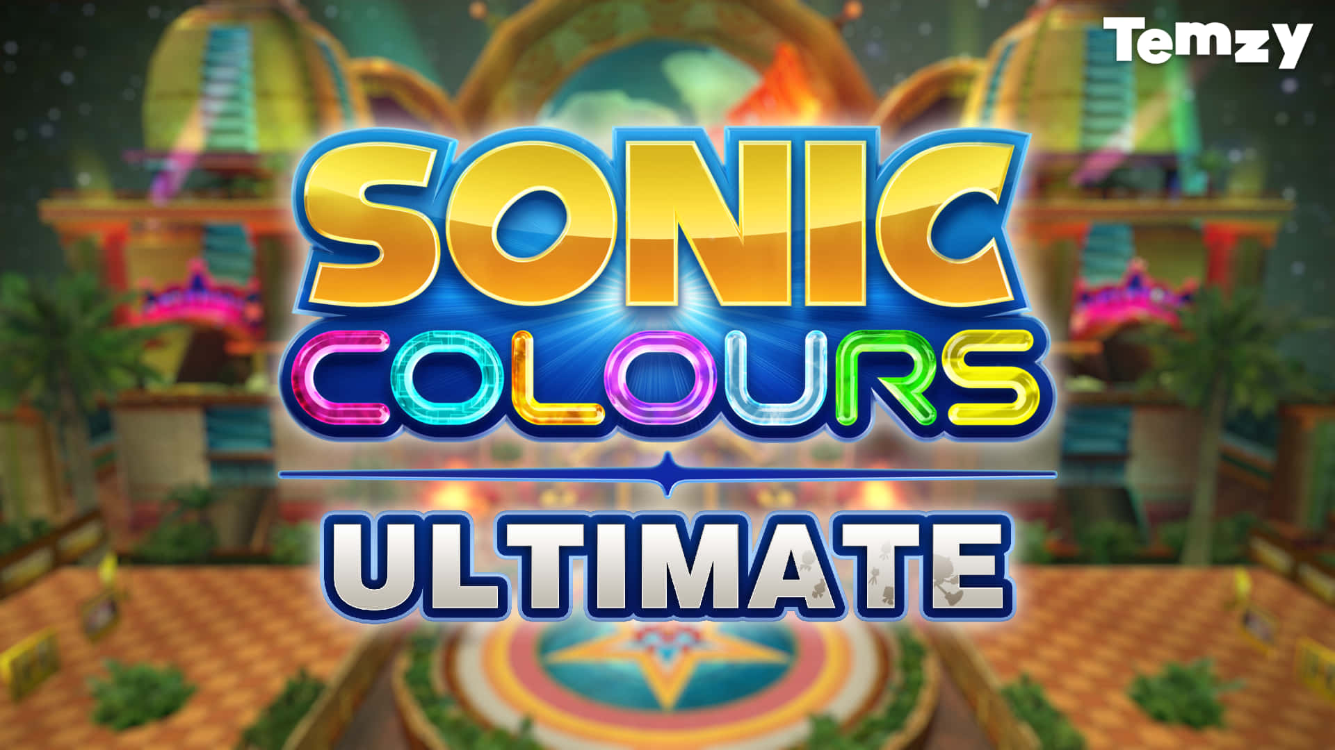 《Sonic Colours Ultimate》遊戲標題畫面，帶有色彩繽紛的 3D 文字和未來背景。
