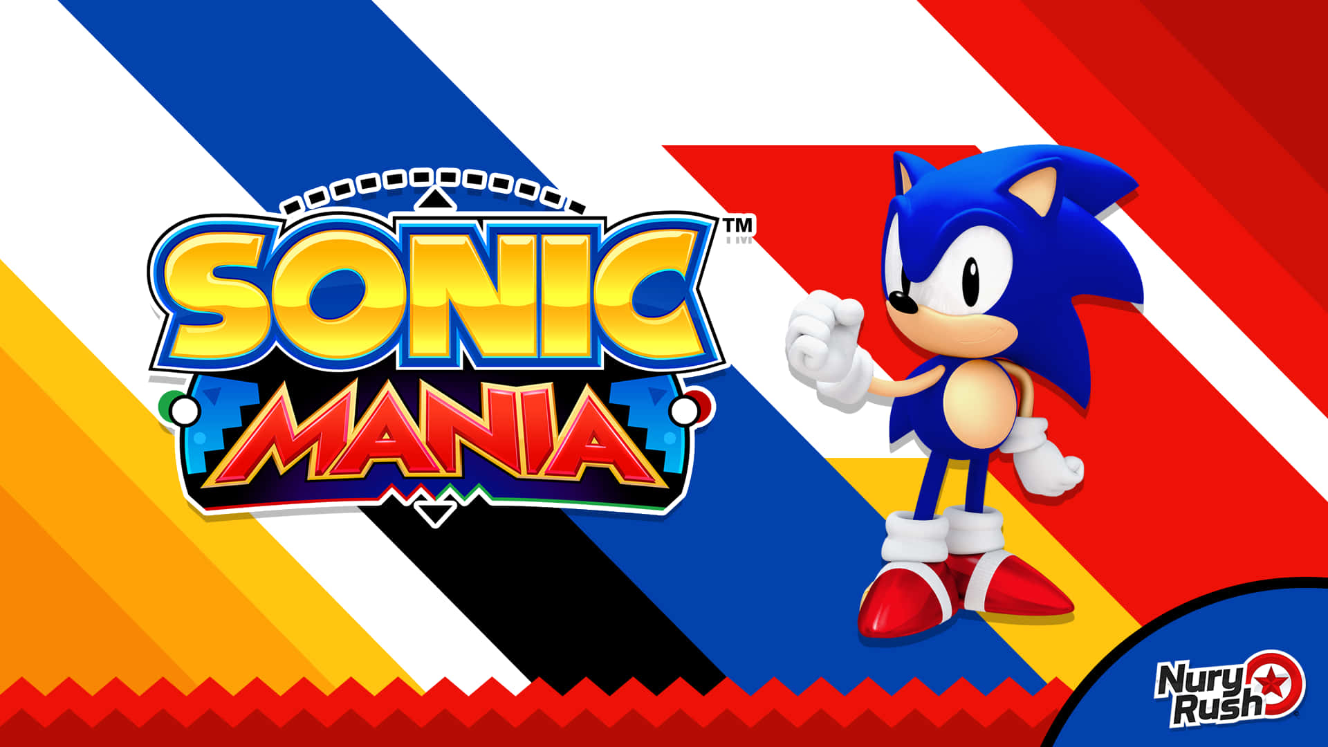 超音鼠角色與Sonic Mania標誌在彩色條紋背景上。