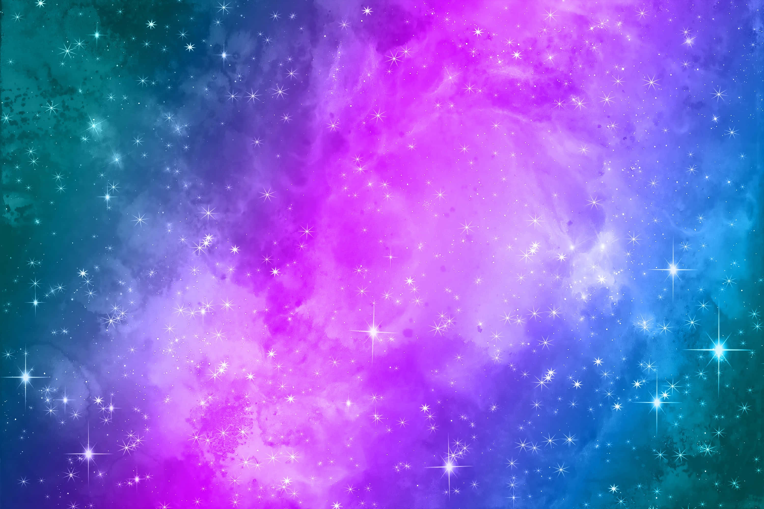 與 Space Zoom 一同探索太空的奇觀 壁紙 — 充滿活力的宇宙星雲在粉紅色和藍綠色中旋轉，閃爍的星星點綴在夢幻般的銀河背景上。