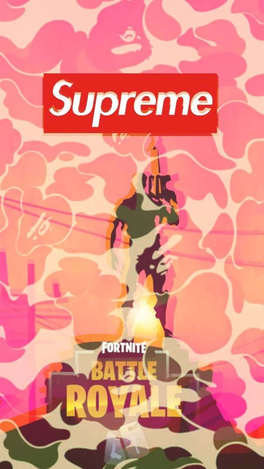 穿著迷彩裝備的 Fortnite Battle Royale 角色，在粉紅色抽象背景上帶有 Supreme 標誌。