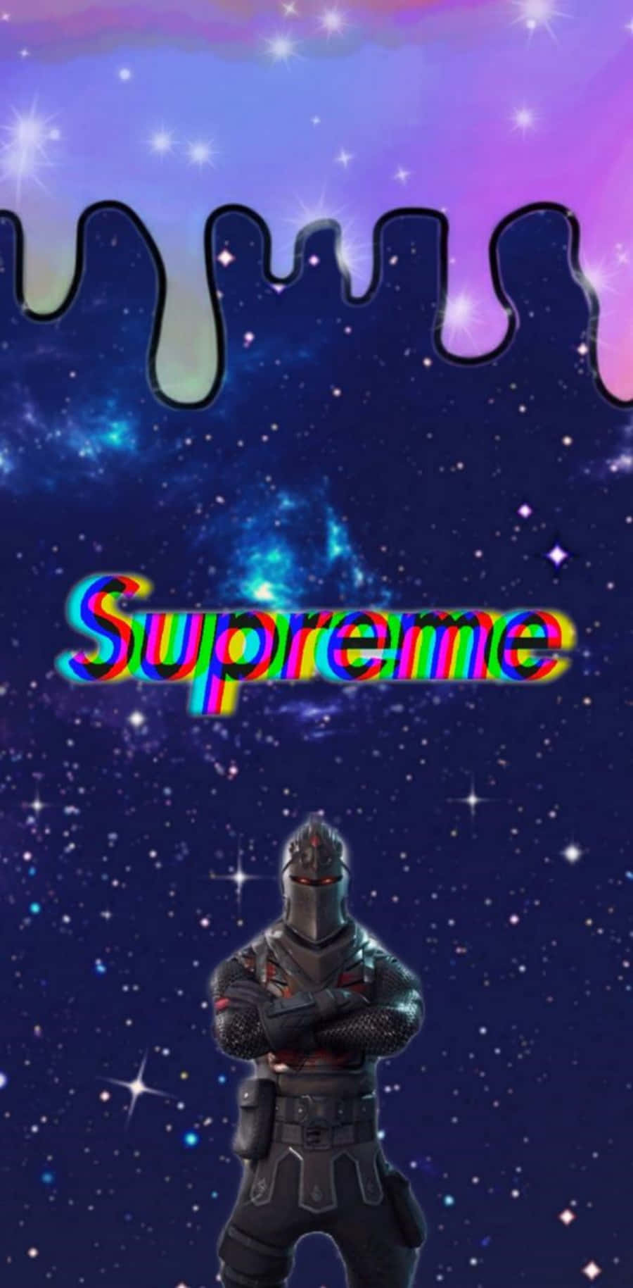 太空中的《要塞英雄》角色，帶有彩虹 Supreme 標誌和滴落的銀河背景。