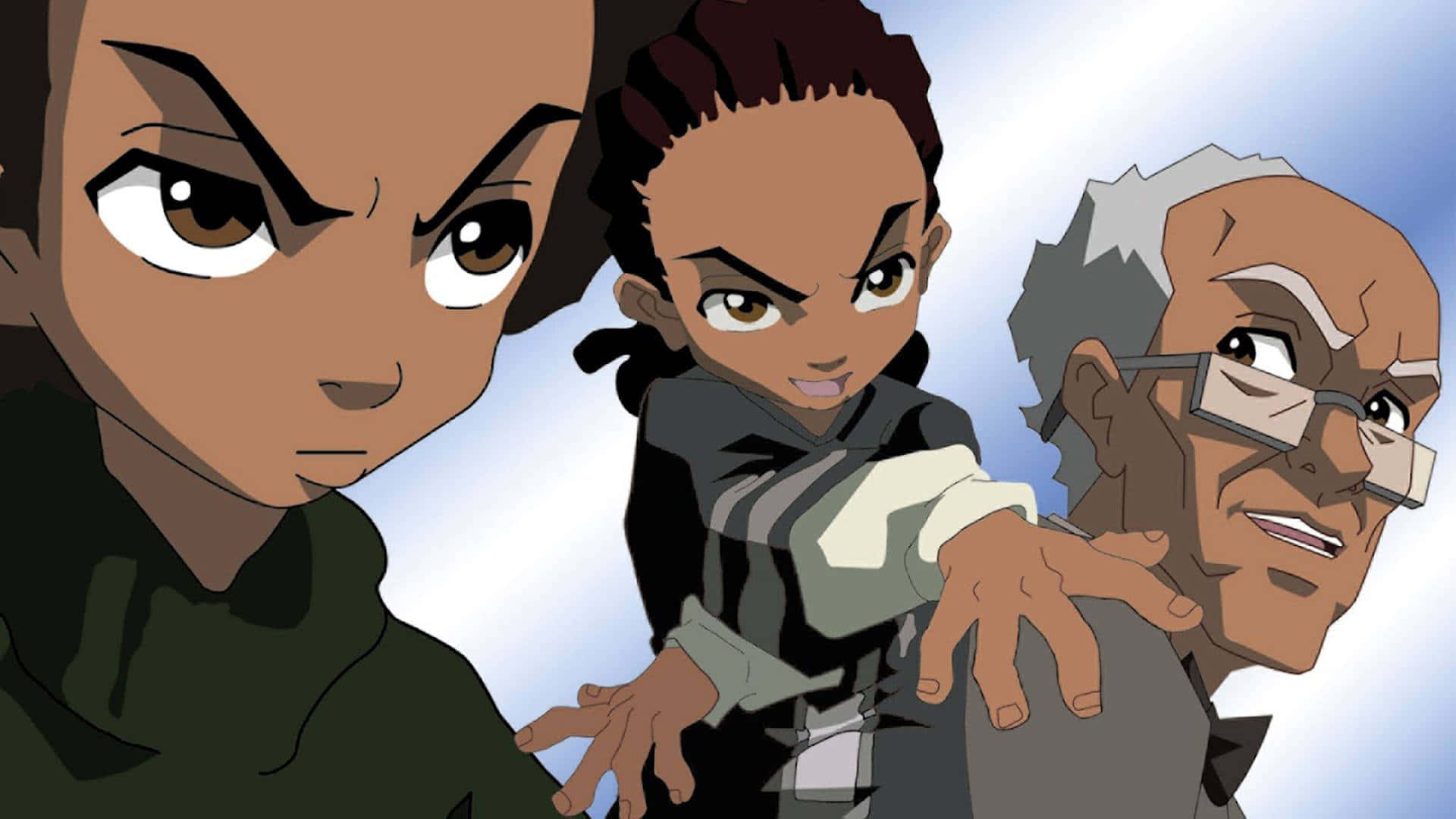 與《The Boondocks》團隊一起準備瘋狂冒險 壁紙 — 三個動畫角色帶著強烈的表情，在明亮的藍天背景下向前凝視。