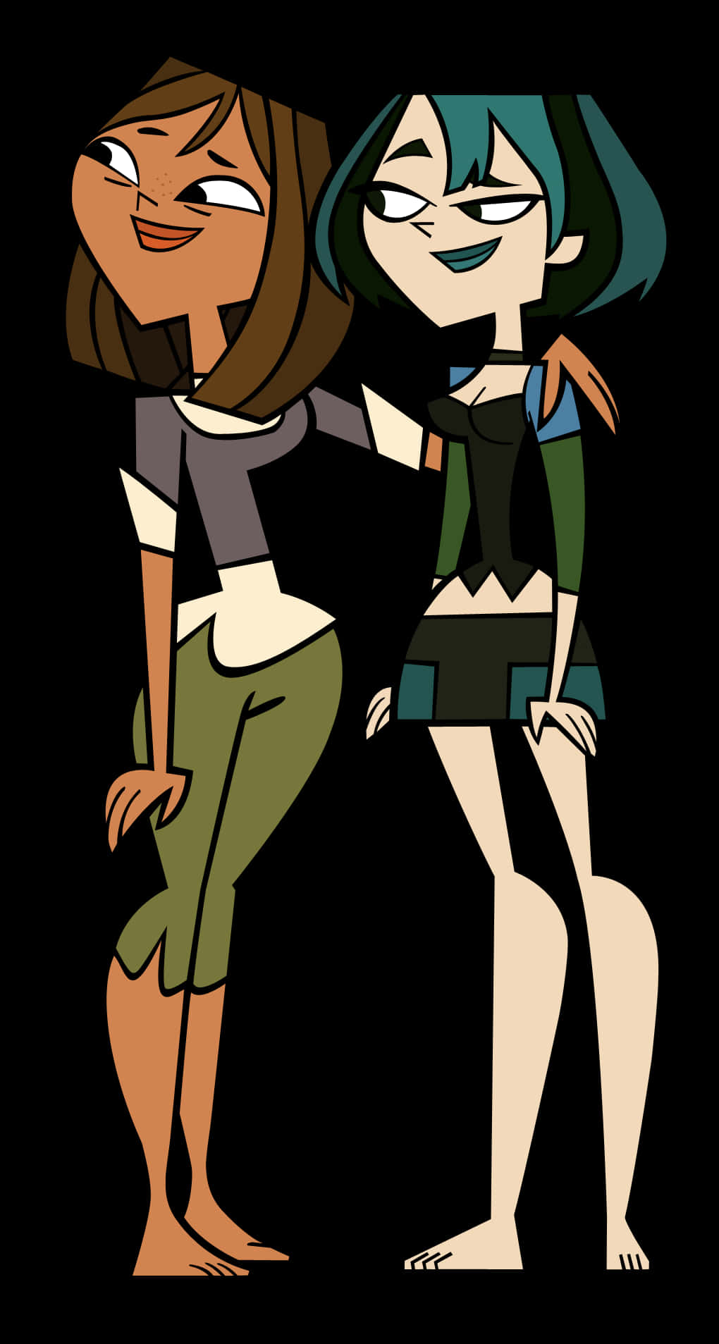 與《Total Drama》一同沉浸於歡樂與劇情中！ 壁紙 — 兩個風格不同的動畫女孩在黑色背景前緊密站在一起，一個溫暖地微笑，另一個自信地冷笑。