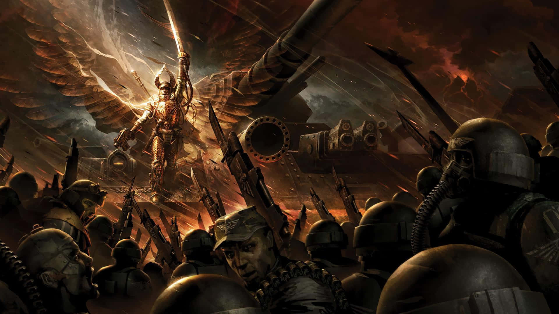 與《Total War: Warhammer》展開對決 壁紙 — 一位金色翅膀的戰士在火紅的天空下，於佈滿裝甲士兵和戰爭機器的戰場上揮舞著劍。