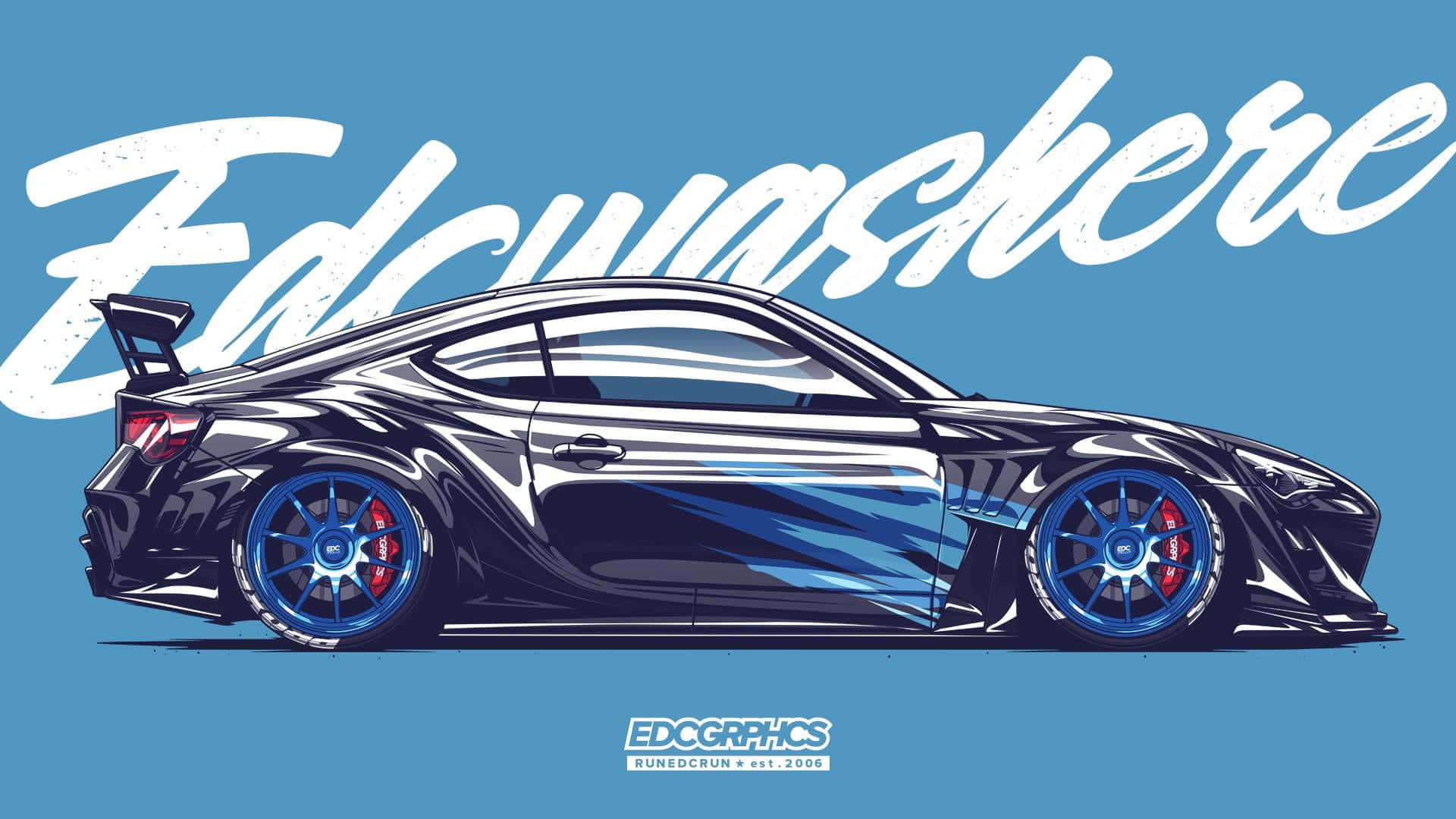 與 Toyota 86 一同享受駕駛的刺激 壁紙 — 一輛時尚的黑色賽車，帶有藍色點綴和紅色制動卡鉗，插圖以純藍色背景和風格化的白色文字呈現。