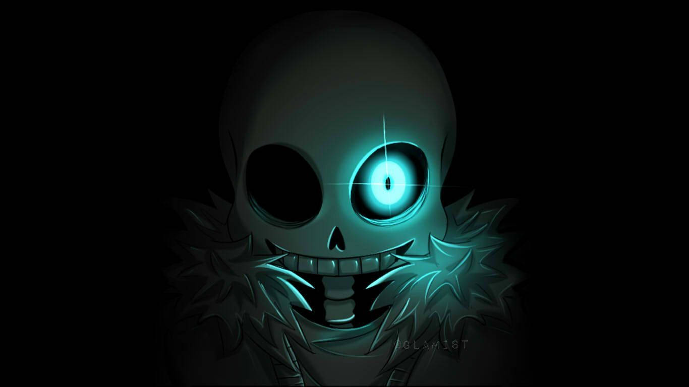 與 Undead Sans 共度時光 壁紙 — 一個發光青色眼睛、帶鋸齒狀領子的骷髏頭在漆黑背景上露出威脅性的微笑。