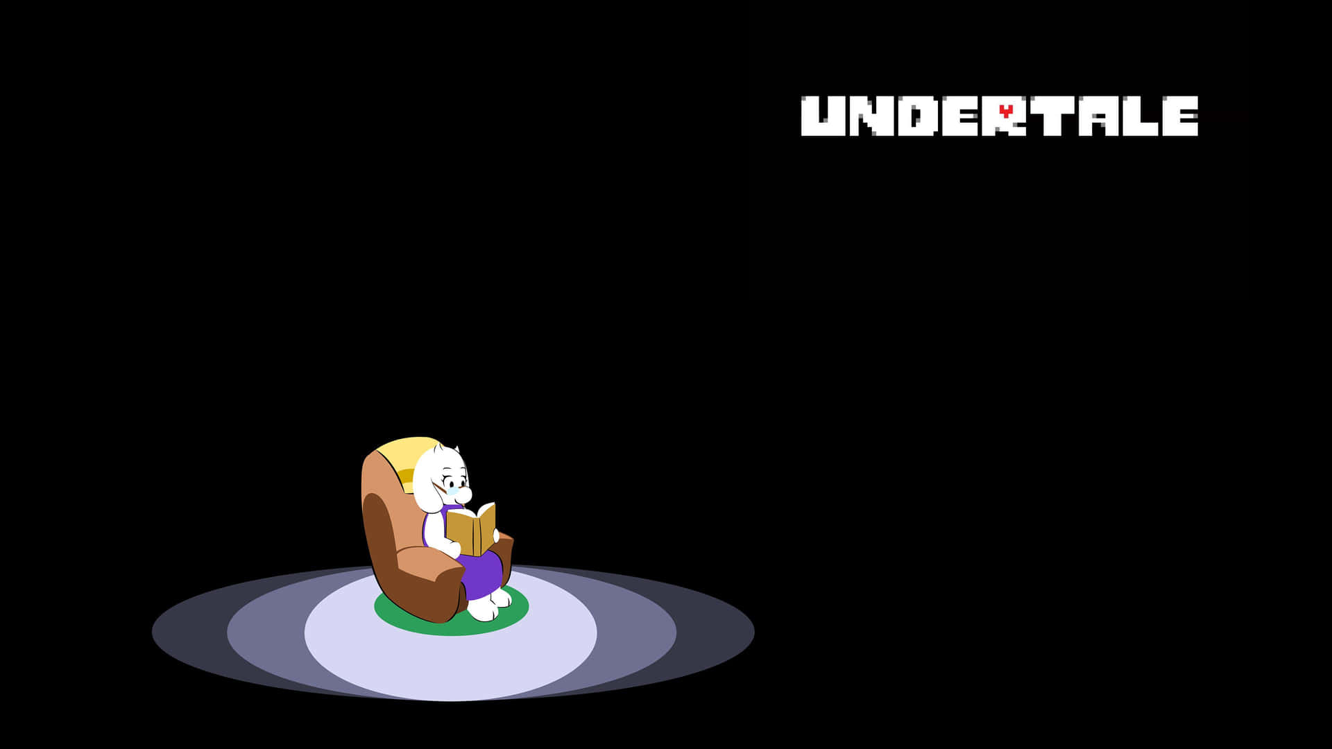 白髮角色在扶手椅上於聚光燈下閱讀，帶有Undertale文字。
