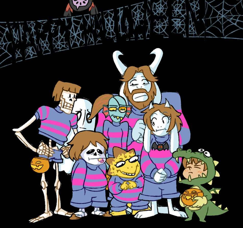 卡通家庭穿著萬聖節服裝在蜘蛛網拱門下擺姿勢。
