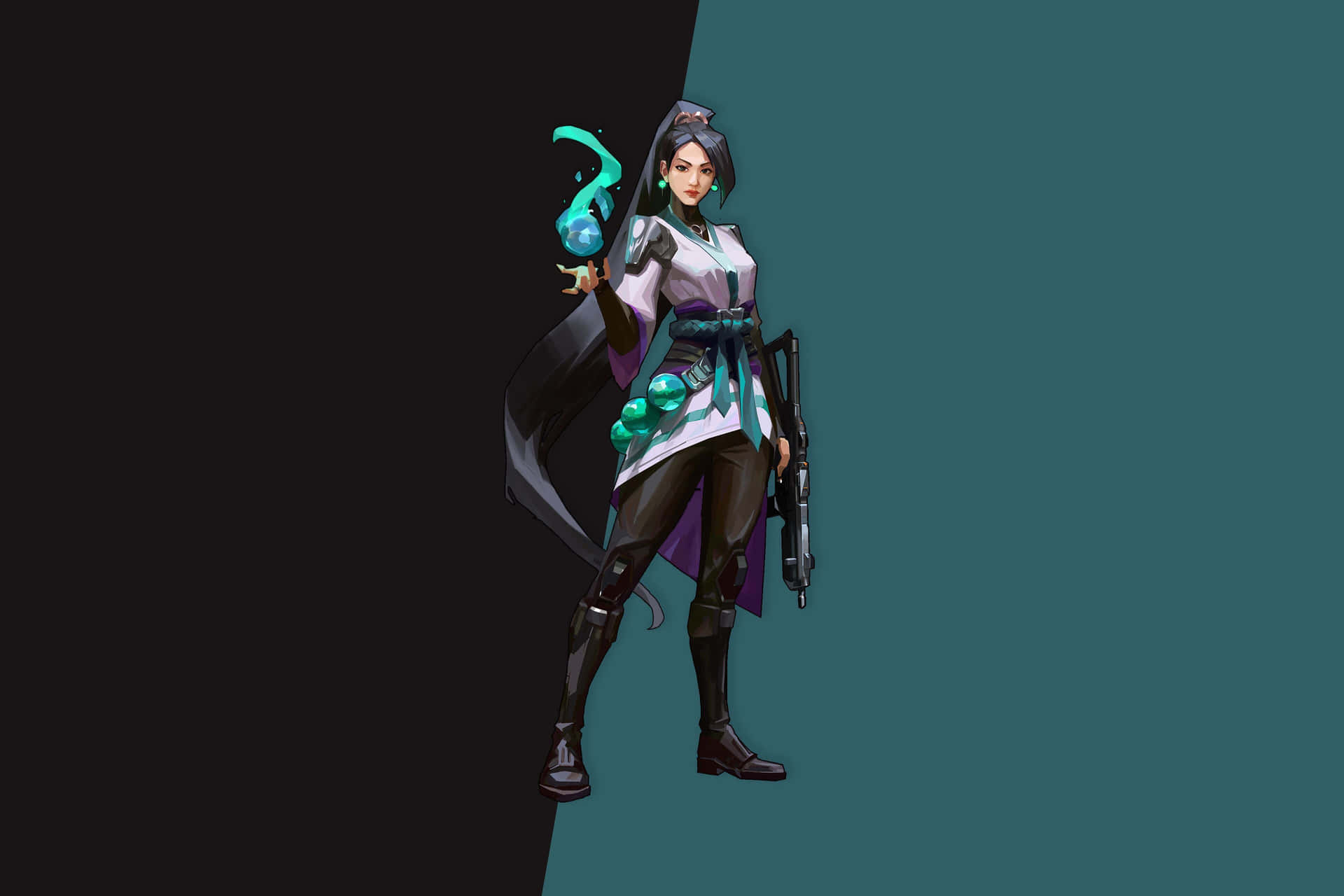 動漫風格的女戰士，身穿未來盔甲，手持發光球體和武器。