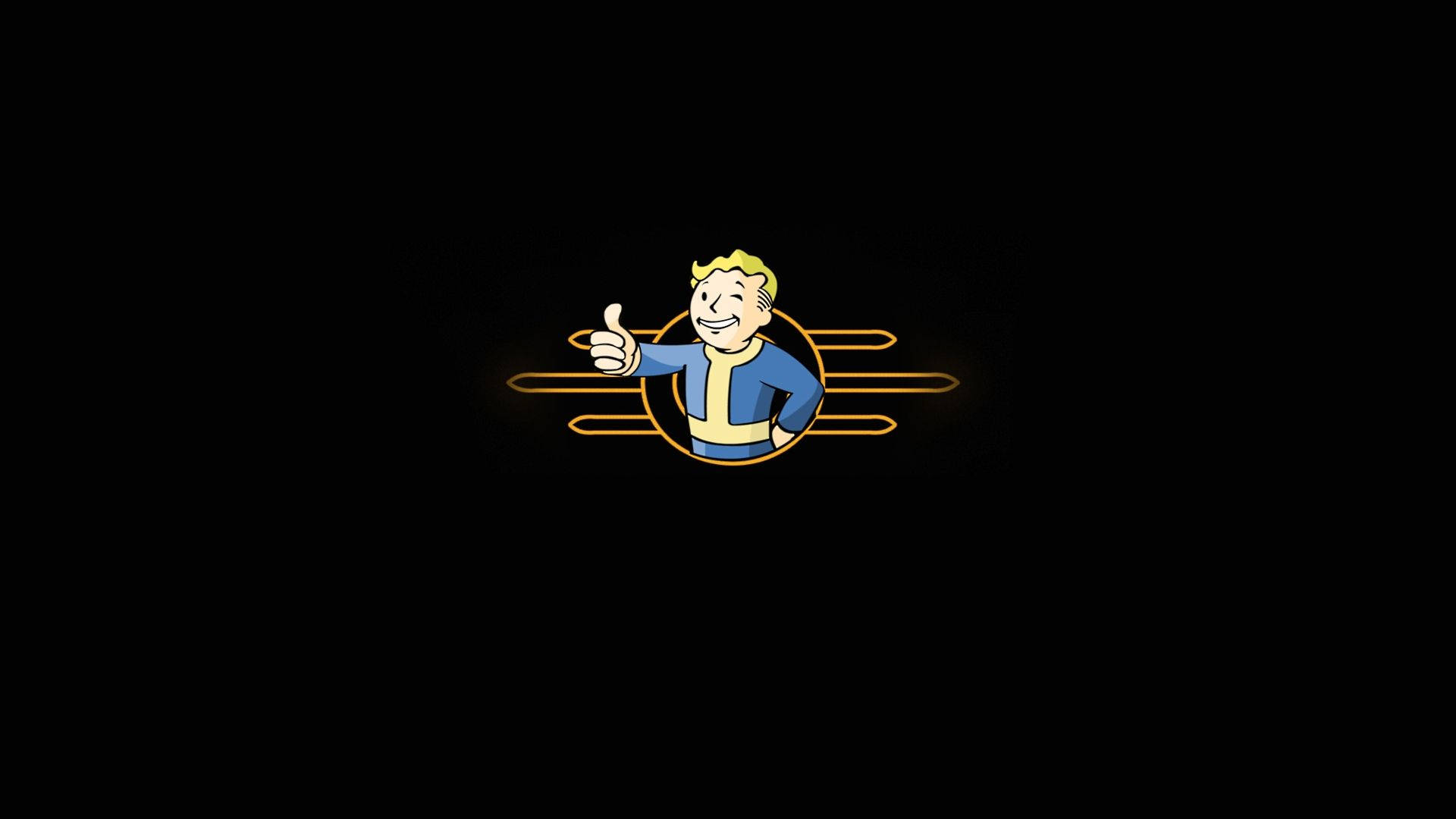 與 Vault-Boy 一同探索廢土 壁紙 — 一個穿著藍色連身衣的愉快卡通Vault Boy在黑色背景上豎起大拇指，帶有發光的橙色線條。