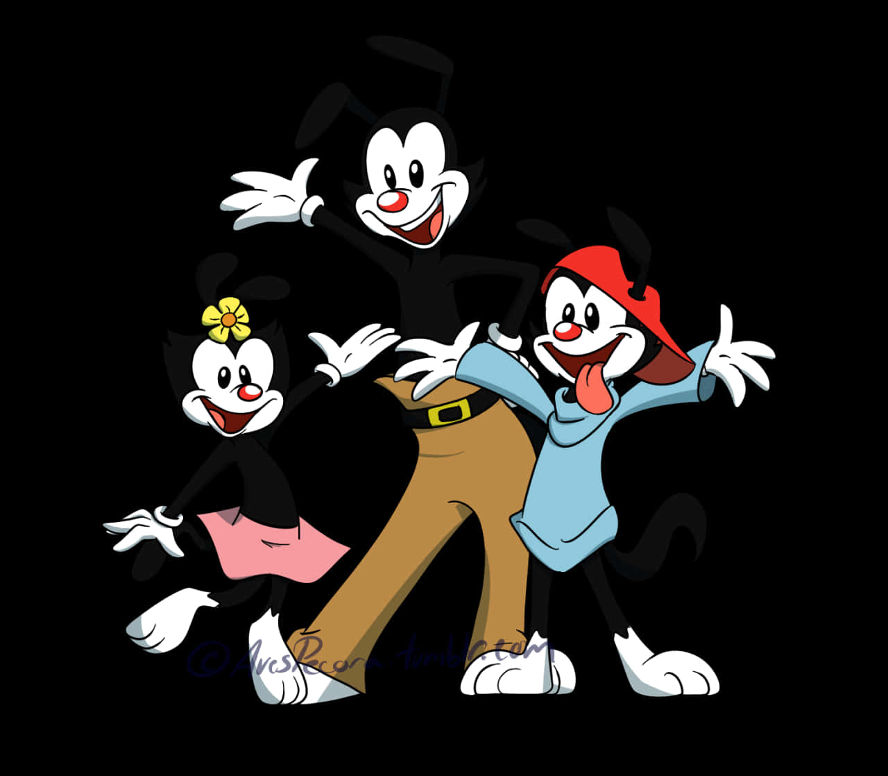 與 Wakko、Yakko 和 Dot 一同展開瘋狂冒險！ 壁紙 — 三隻穿著鮮豔服裝的快樂卡通貓咪在純黑背景前愉快地擺姿勢。