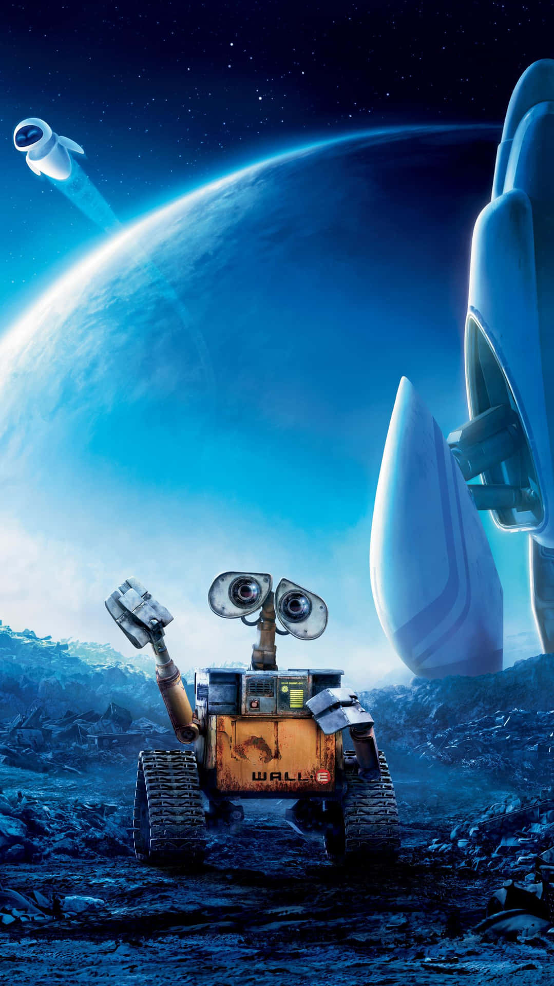 WALL-E 機器人在荒蕪的星球上看著太空船和地球。