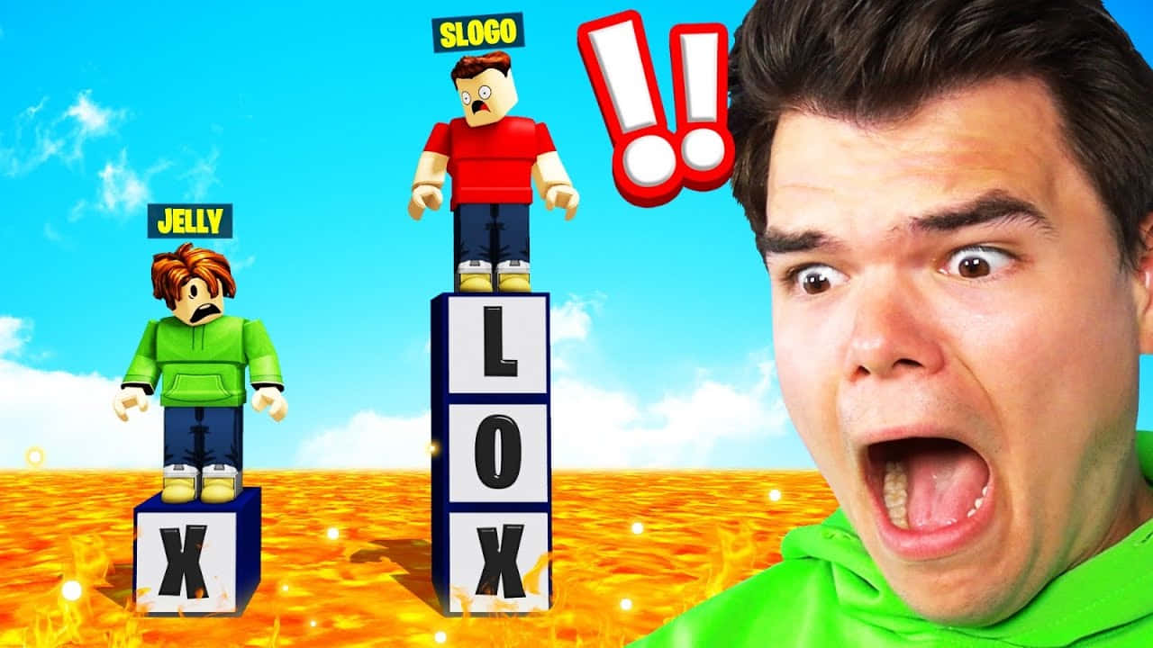 眼睛睜大、嘴巴張開的男人對火塊上的Roblox角色做出反應。