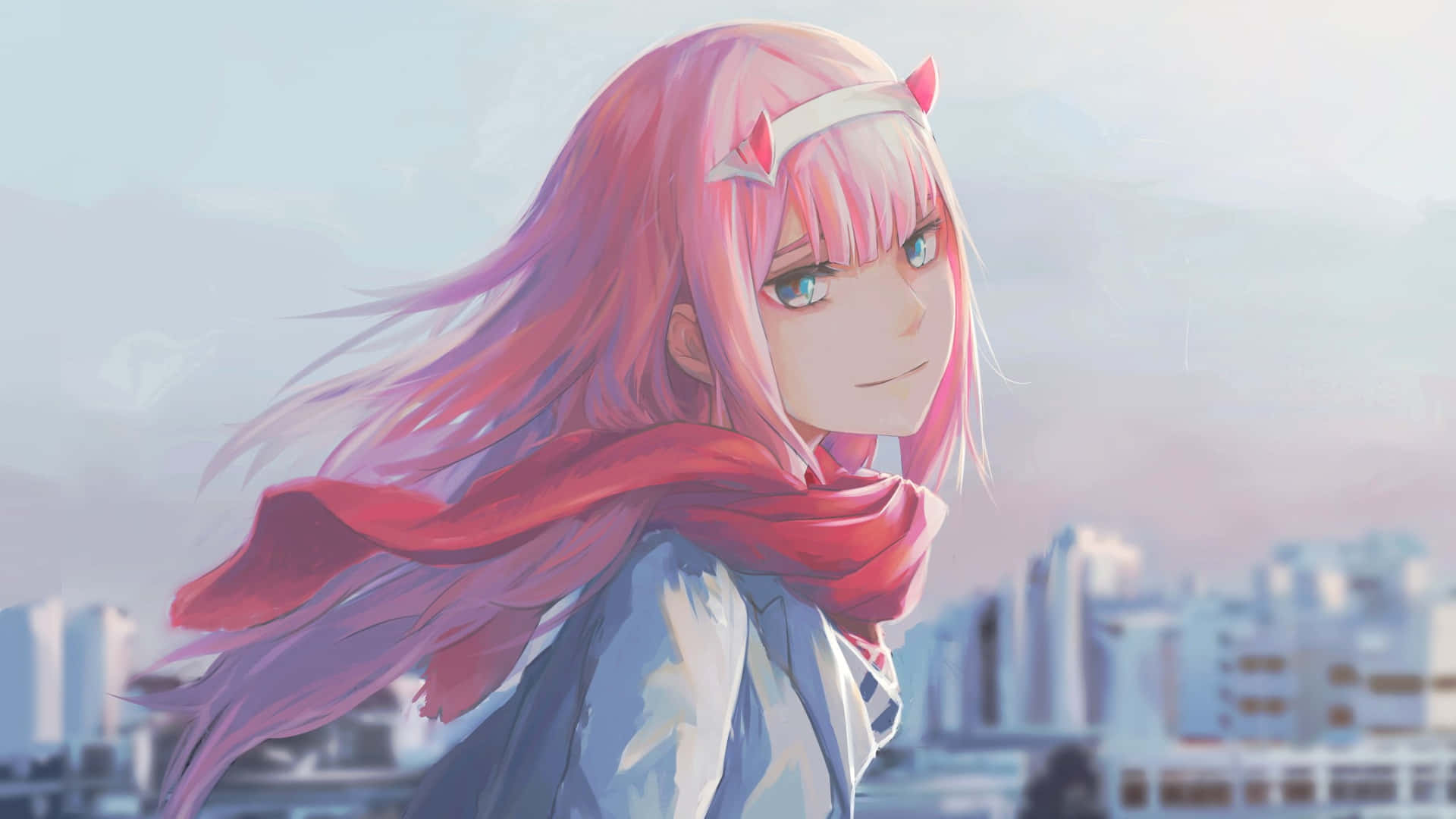 與 Zero Two 勇敢愛下去 壁紙 — 一位粉紅色頭髮、貓耳的女動漫角色，戴著紅色圍巾，站在模糊的城市天際線前，柔和日光下。