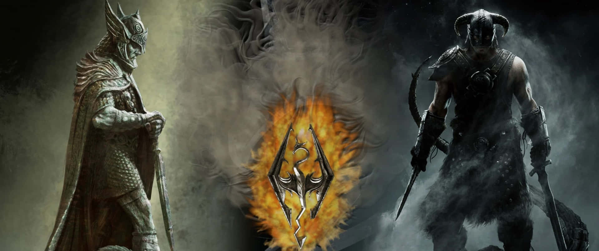 兩名身穿盔甲的奇幻戰士站在燃燒的Skyrim標誌兩側。