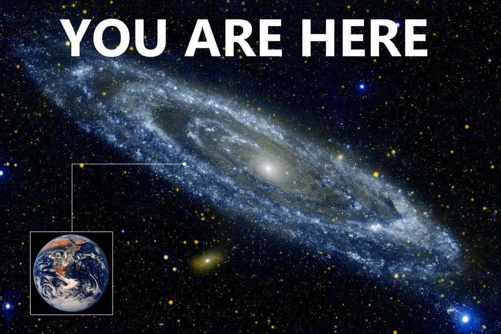 一個螺旋星系，地球被標記，文字說你在這裡。