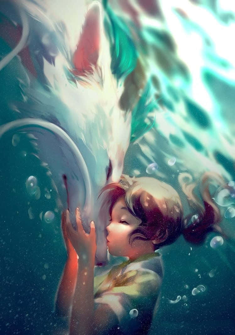 女孩在水下親吻發光的狐狸，氣泡漂浮在周圍。
