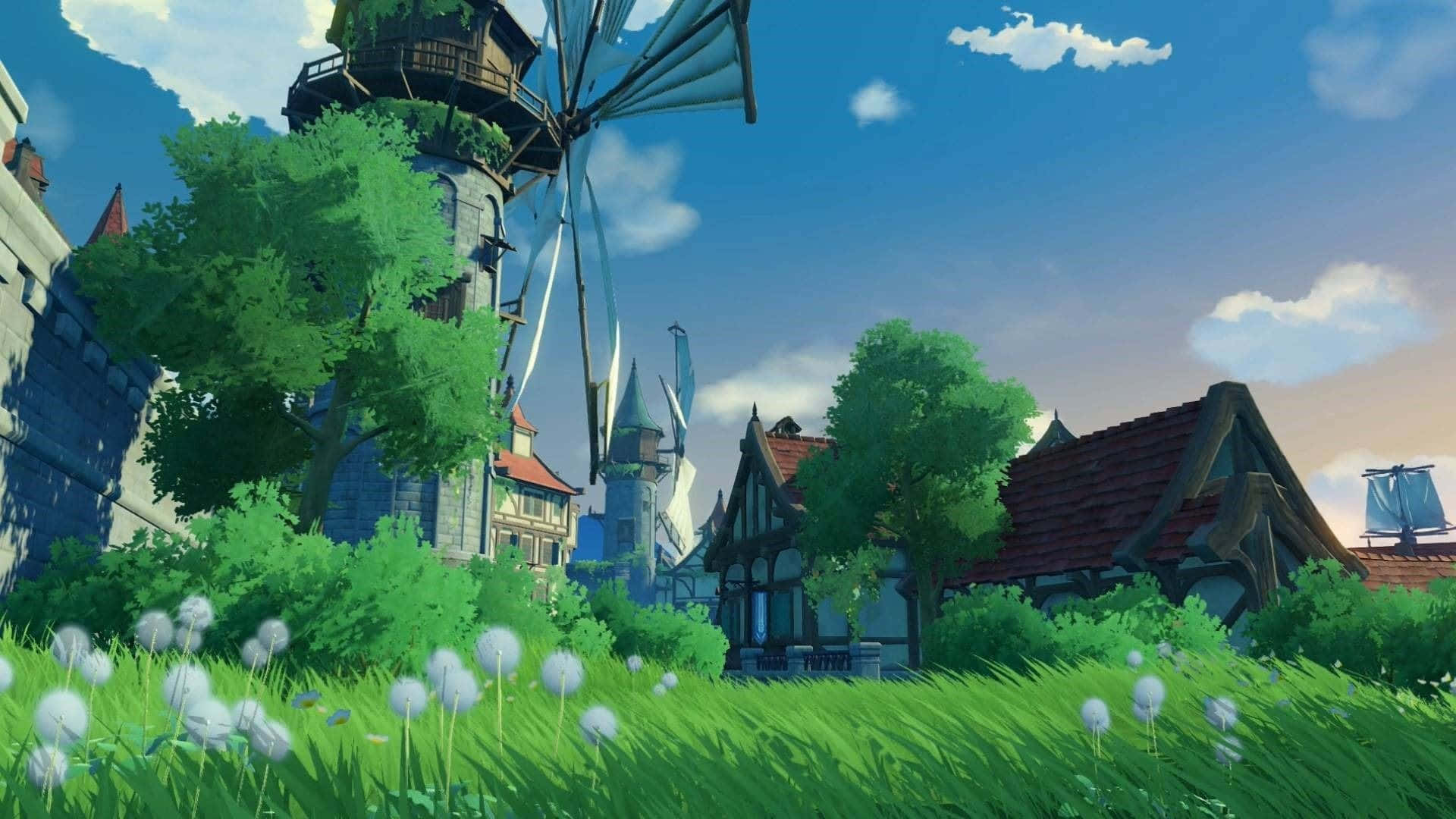 藍天白雲下，有風車和蒲公英的動畫村莊。