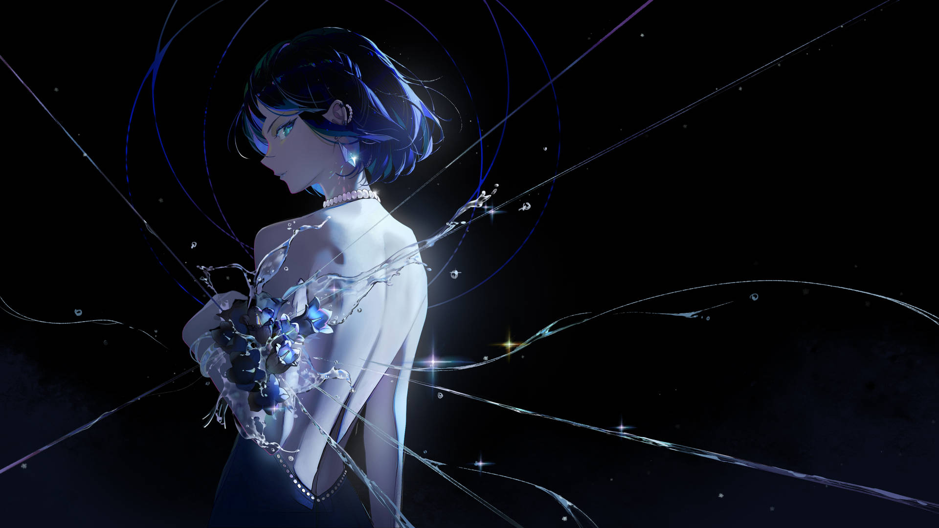 藍髮動漫女孩穿著發光連衣裙，被宇宙能量和星星環繞。