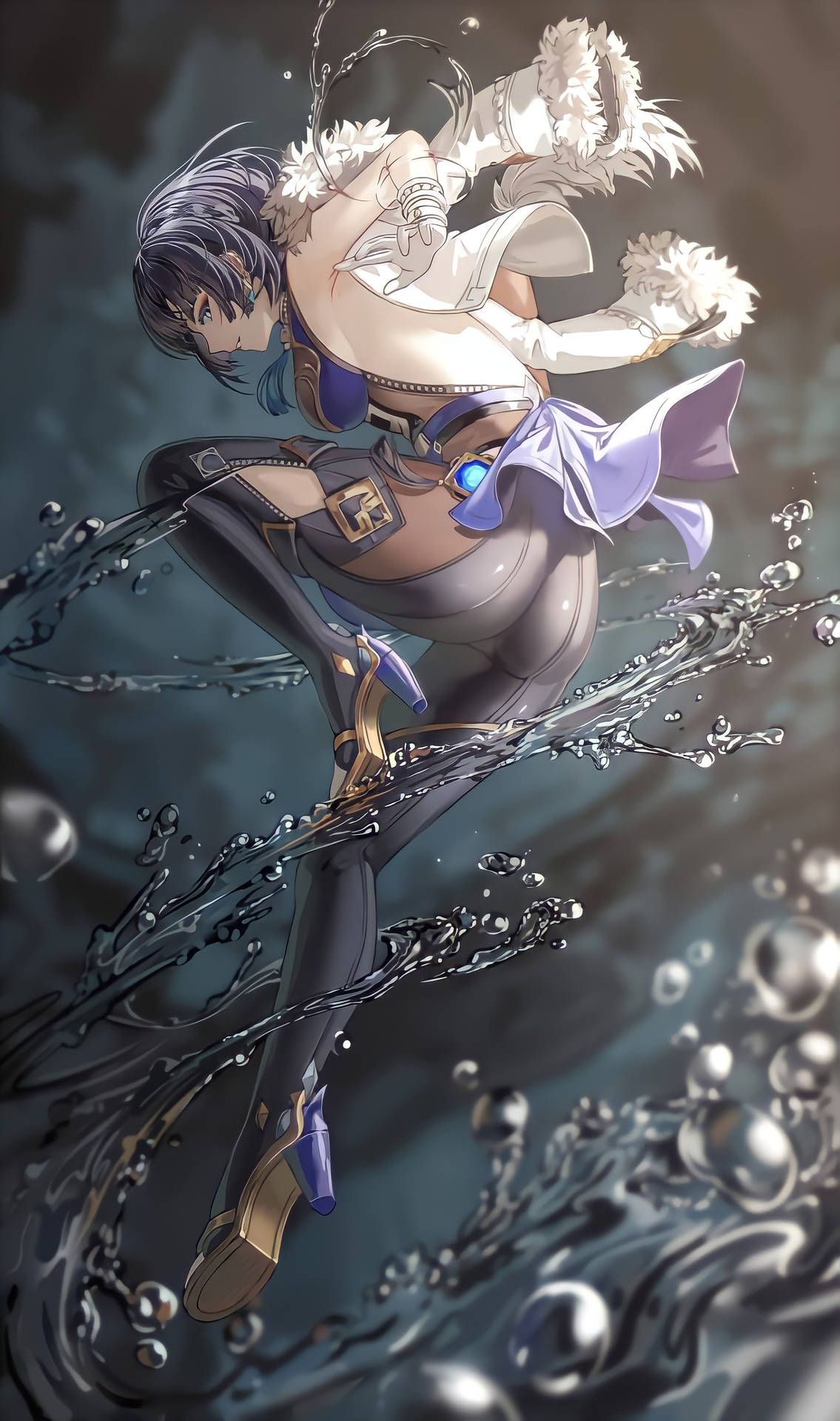 穿著白色和紫色服裝的動漫女孩跳過黑暗的水面，水花四濺。