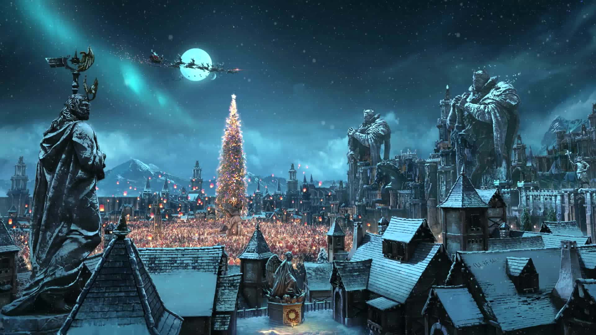 夜間夢幻城市景觀，有巨大的聖誕樹和滿月下飛行的雪橇。