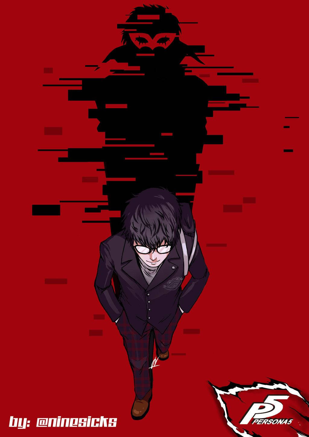 穿著西裝的動漫男孩，身後有閃爍的陰影人物，紅色背景。