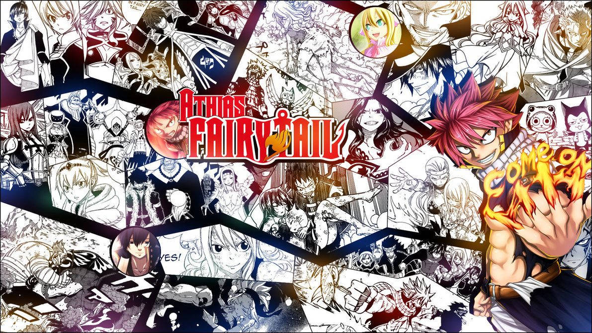 與《妖精的尾巴》一同探索未被發現的魔法 壁紙 — 一幅充滿活力的妖精的尾巴動漫角色拼貼畫，角色們以動態姿勢和火熱能量呈現在漫畫風格的背景上。