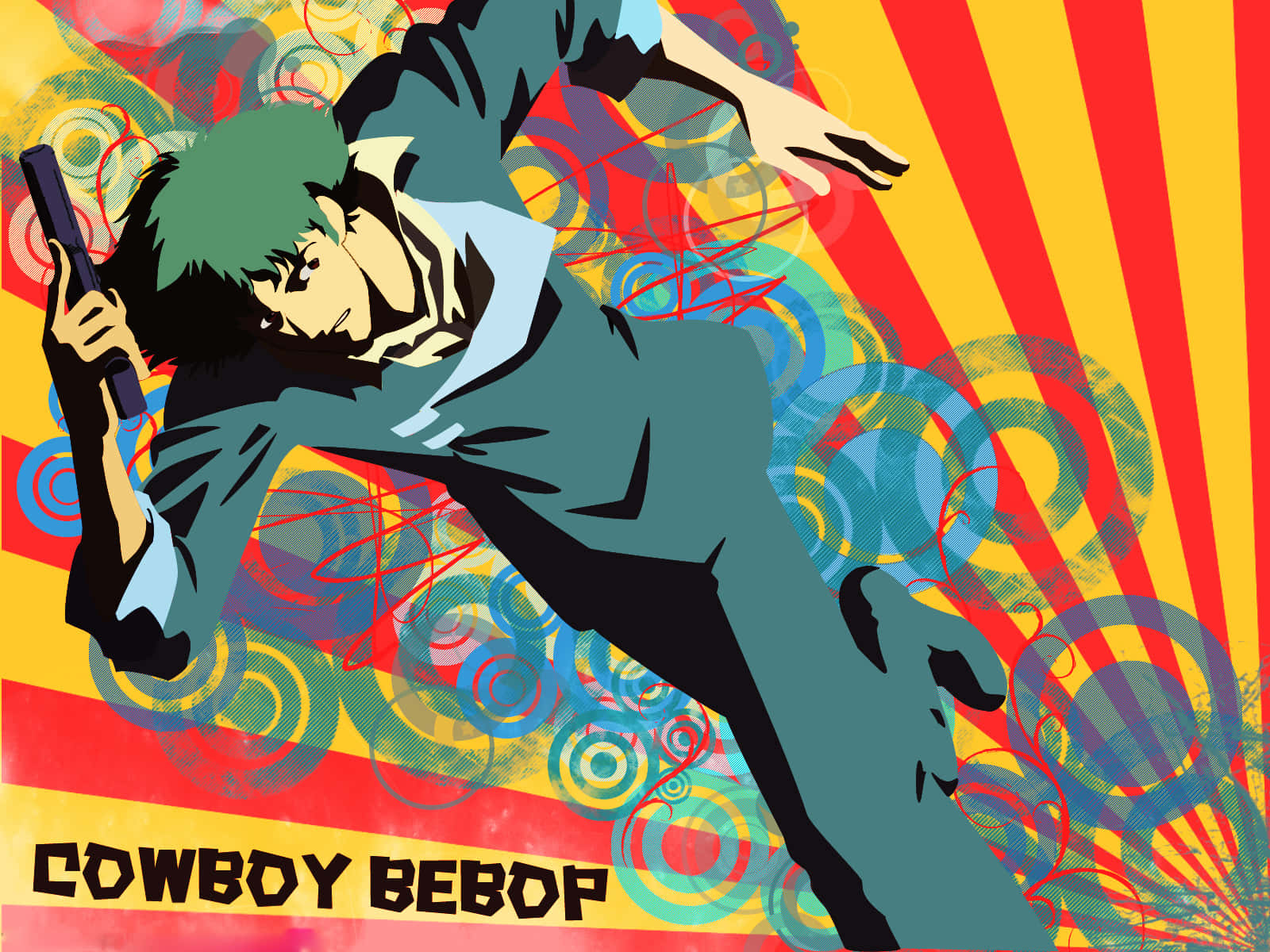 Cowboy Bebop 動漫角色在半空中擺出動作姿勢，背景為色彩繽紛的抽象背景。