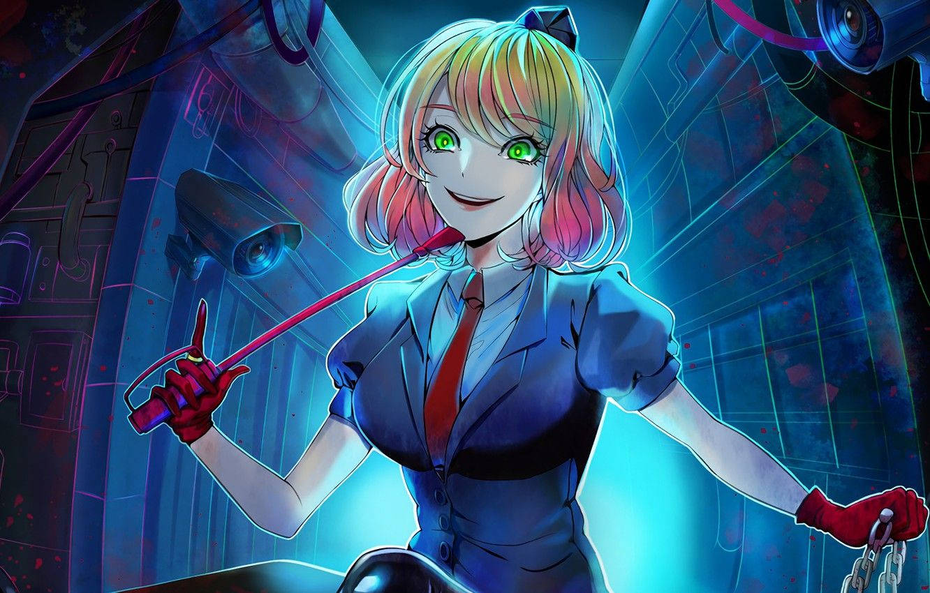 穿制服的動漫女孩在霓虹監控室中拿著鞭子。