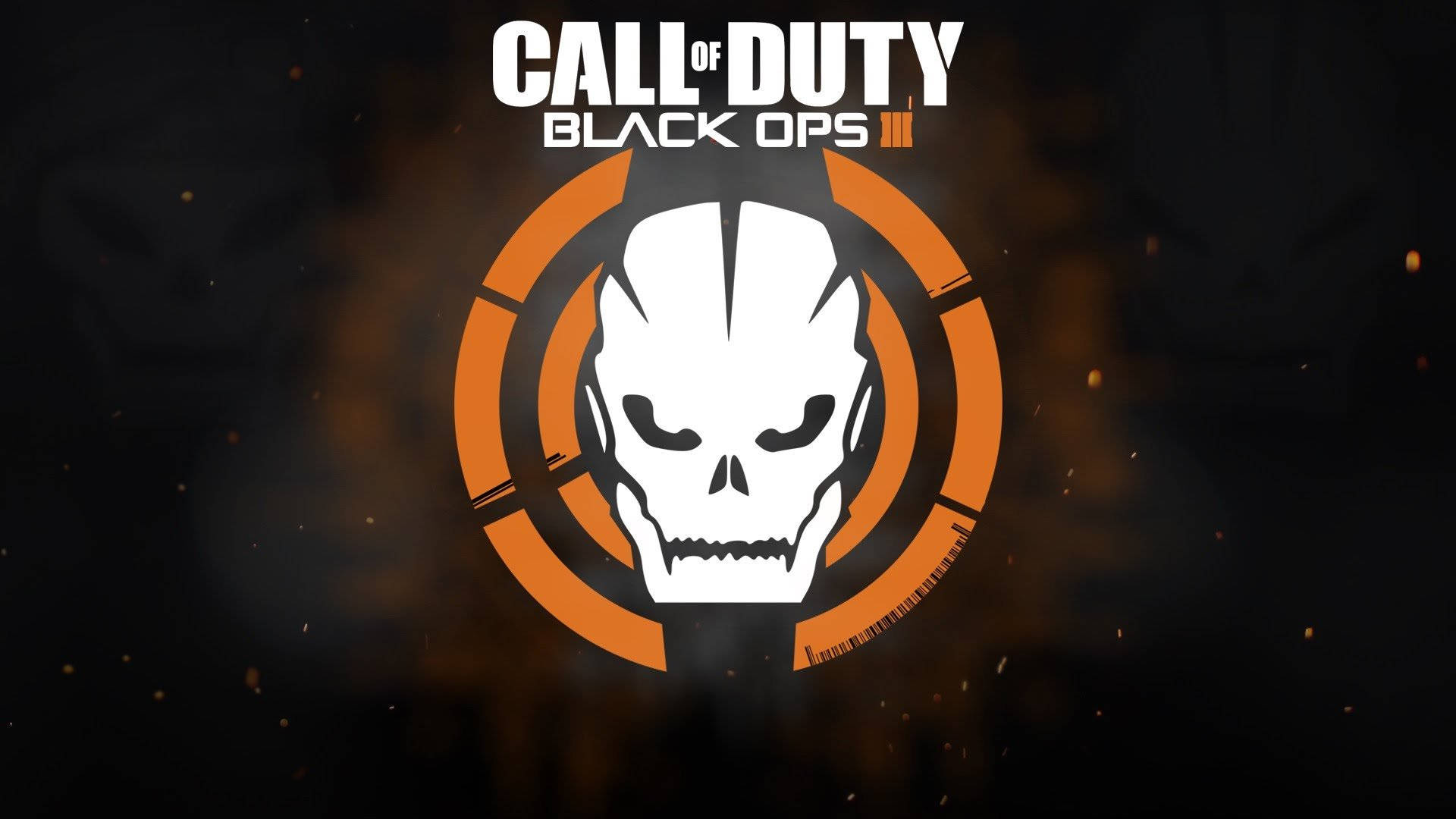 Call of Duty Black Ops III 標誌，帶有骷髏頭和橙色瞄準準星，背景為黑暗煙霧。