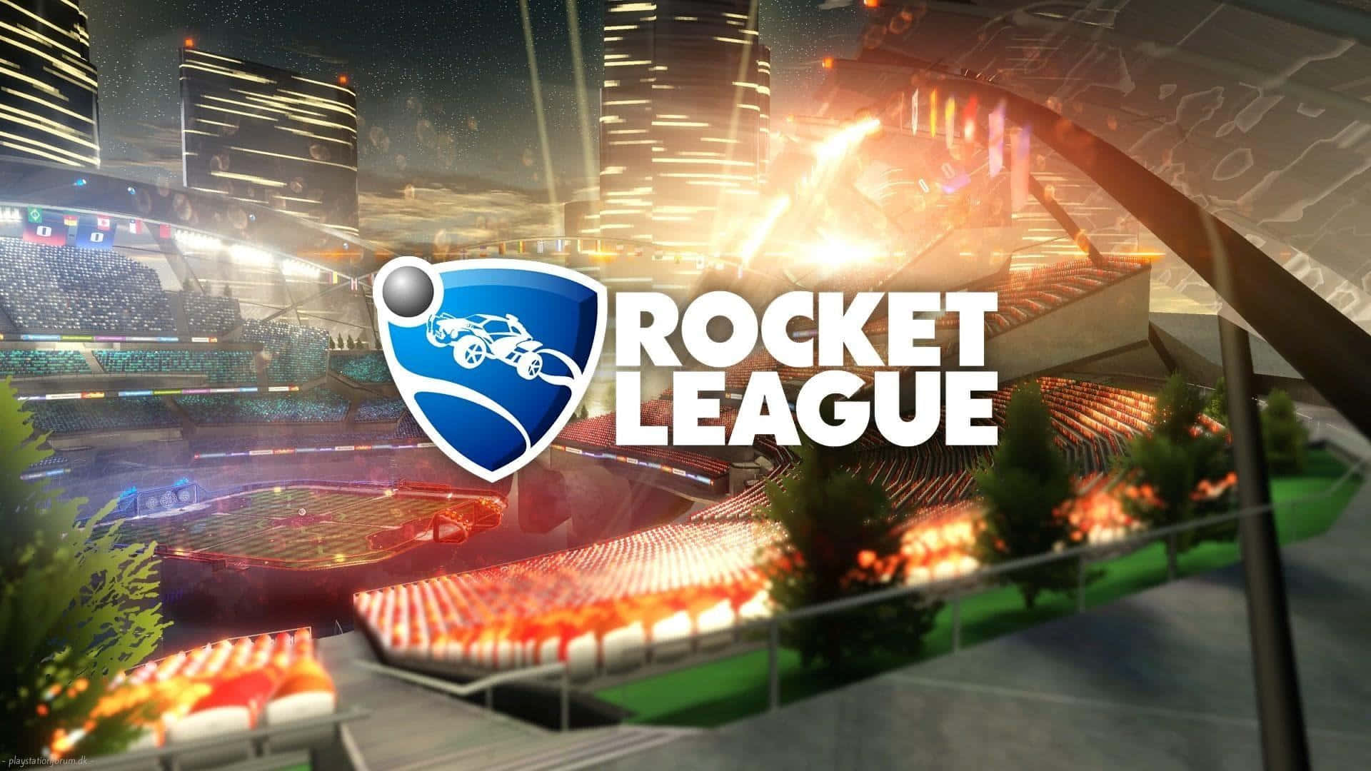 與《火箭聯盟》一同駕馭迷人賽道 壁紙 — 充滿活力的Rocket League體育場夜景，閃爍的燈光、擠滿的看台，以及未來主義的城市天際線。