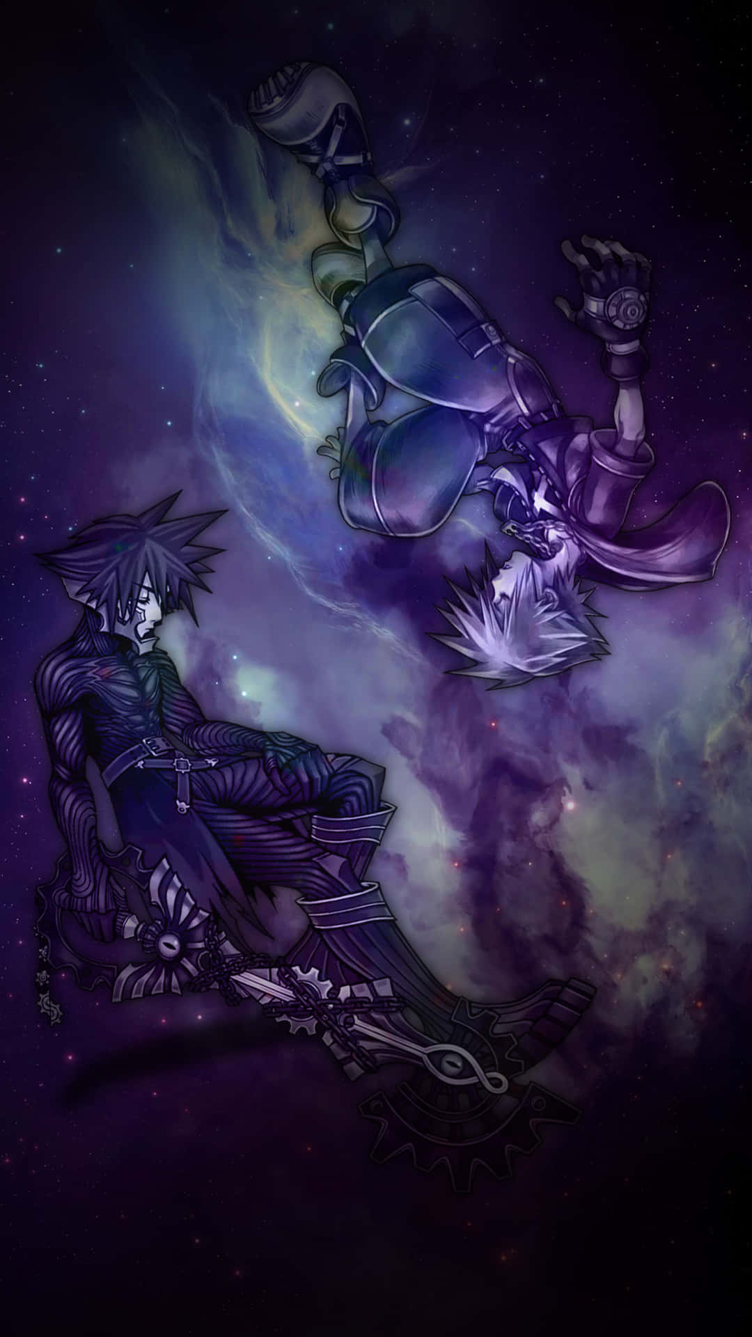 兩個動漫角色在太空，有紫色星雲和星星，一個墜落，一個坐著