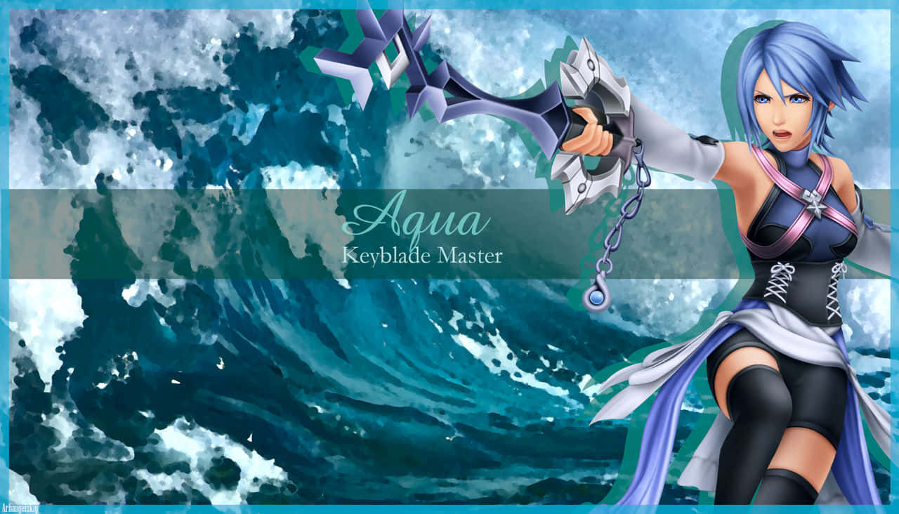 與《王國之心》阿奎拉一同踏上冒險 壁紙 — Aqua，鑰刃大師，手持她的標誌性武器，對抗著洶湧的海浪。