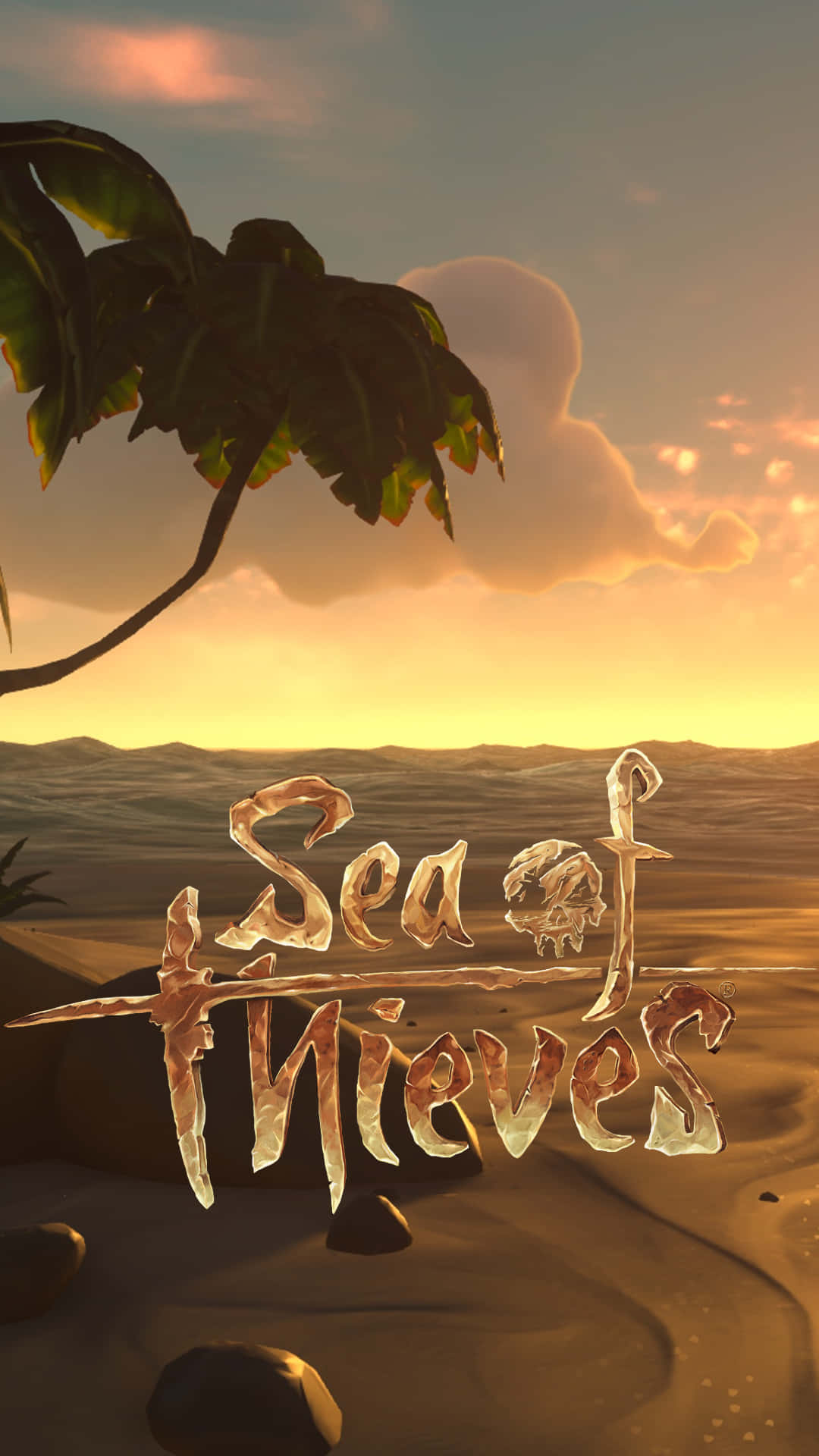 沙漠日落，棕櫚葉和發光的 Sea of Thieves 標題在沙中。