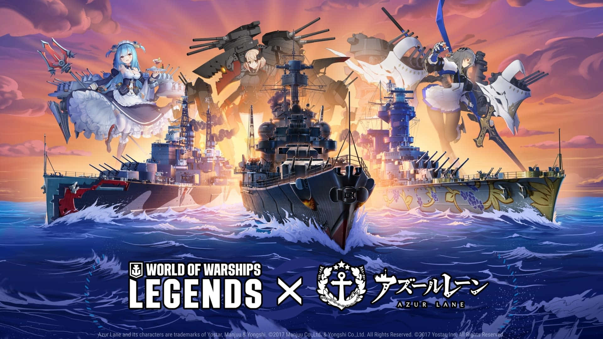 動漫戰艦和女僕角色在日落時分的戲劇性海戰。