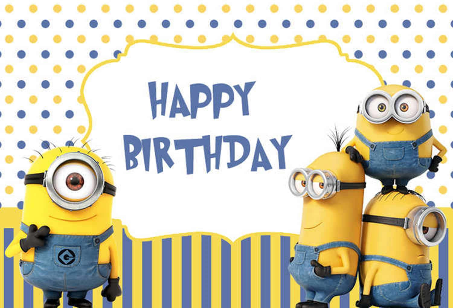 三個穿著藍色工裝褲的Minions用節日標誌慶祝生日。