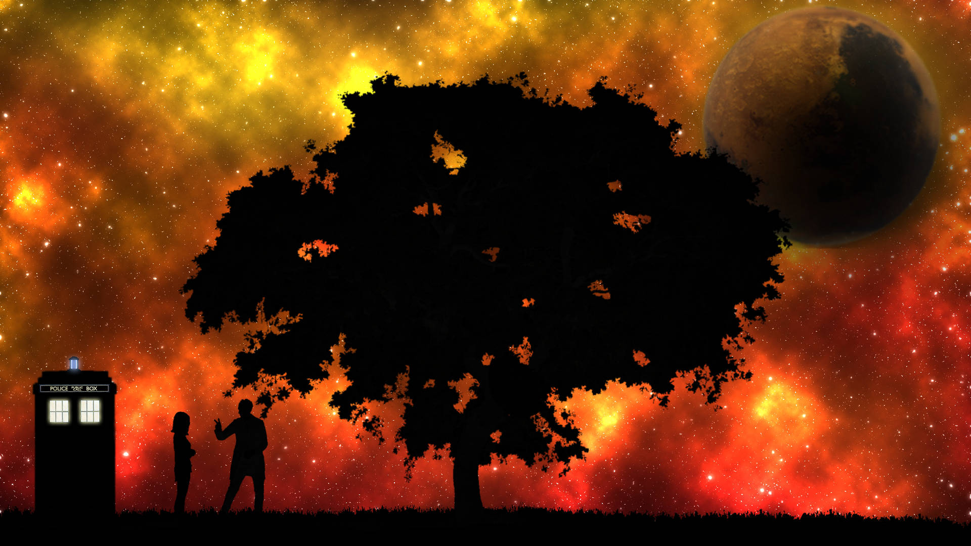 兩個人和一個警察亭站在樹下，背景是充滿活力的宇宙，有一顆大行星。