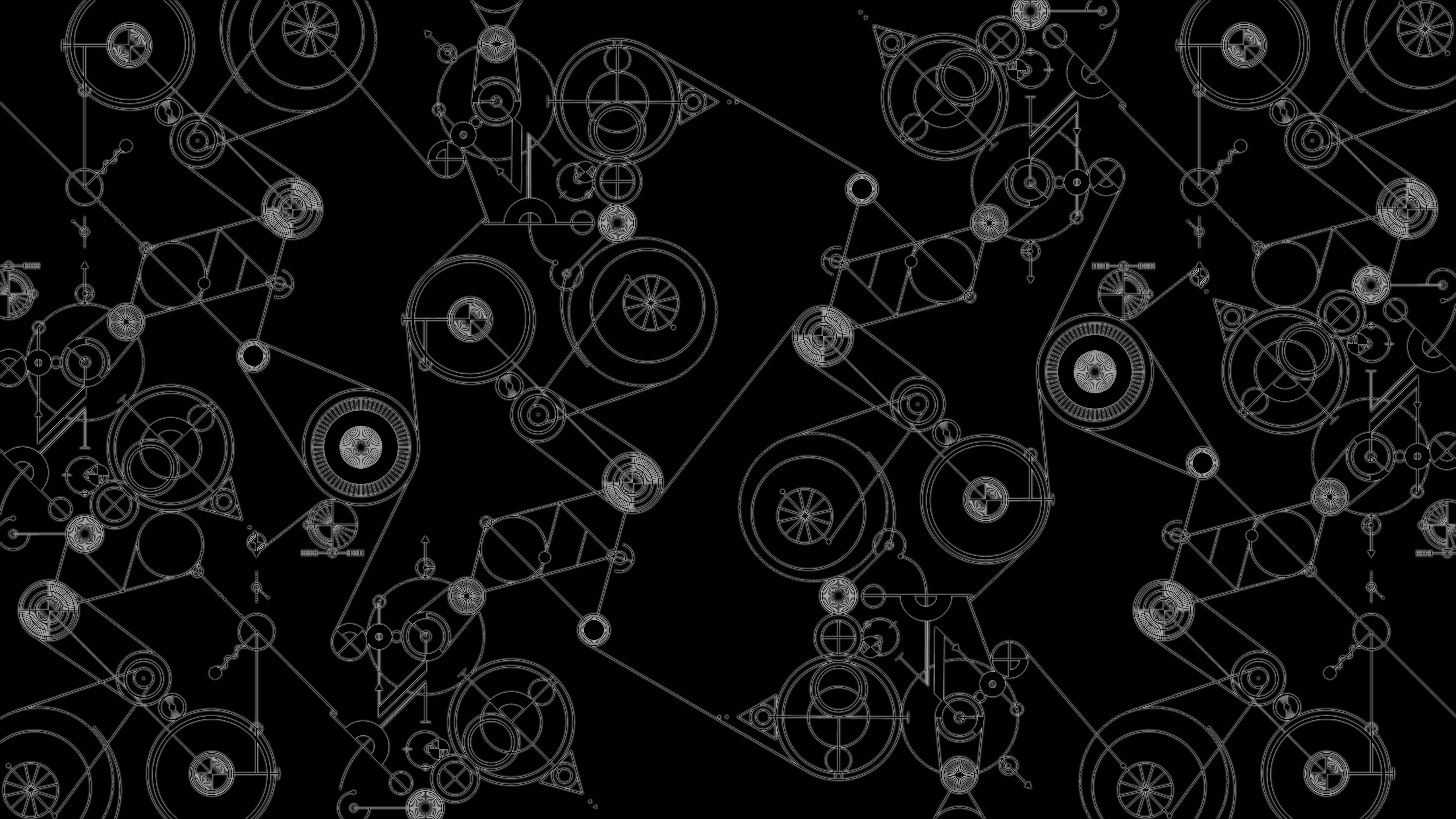 與《科學超電磁砲》一同穿越時空 壁紙 — 白色機械齒輪和嵌齒的複雜圖案漂浮在純黑色背景上。