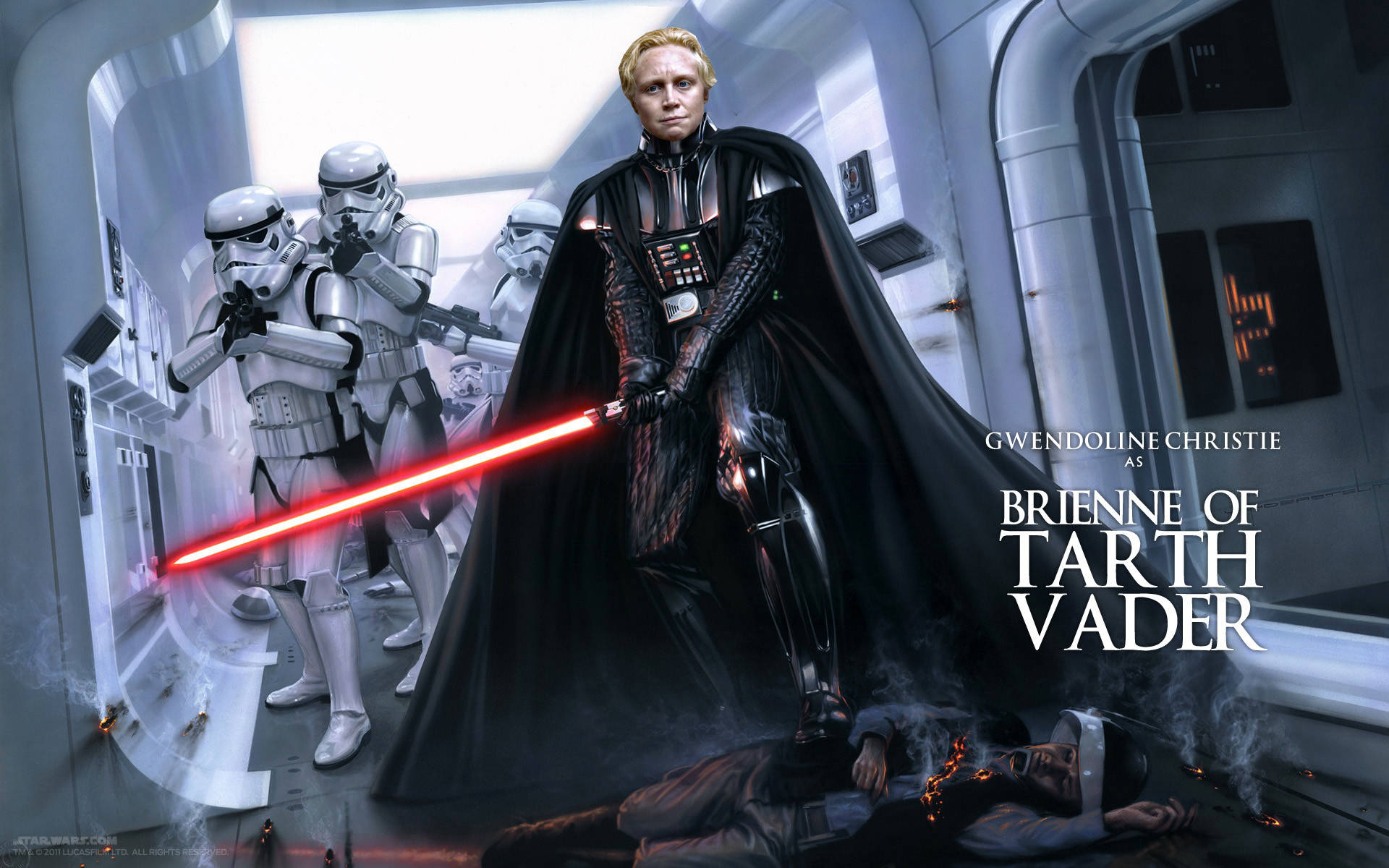 與《舊共和国》一同深入銀河 壁紙 — Gwendoline Christie 飾演的塔斯的布蕾妮在未來主義的走廊中揮舞紅色光劍，兩旁有風暴兵和一個倒下的身影。