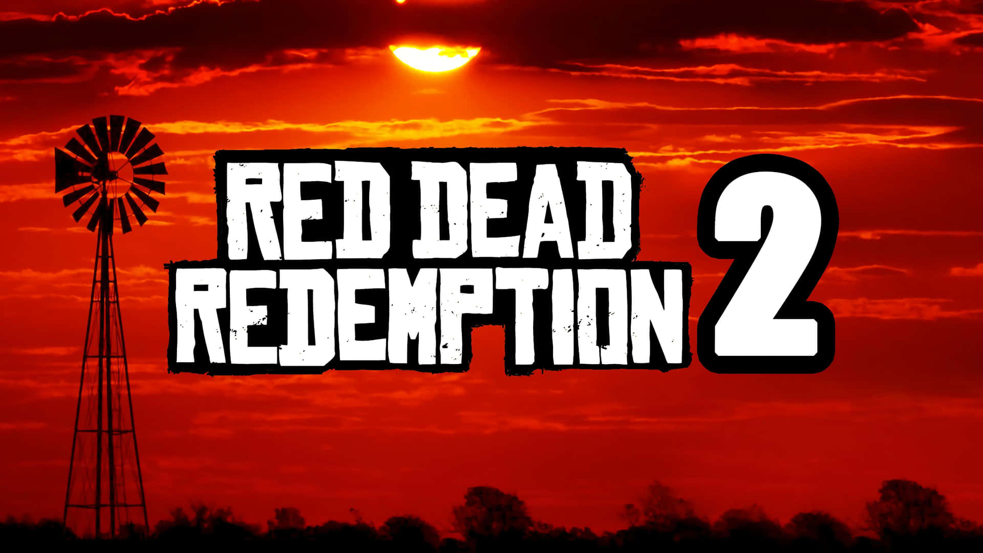 Red Dead Redemption 2 遊戲標題在紅色夕陽上，帶有風車剪影。