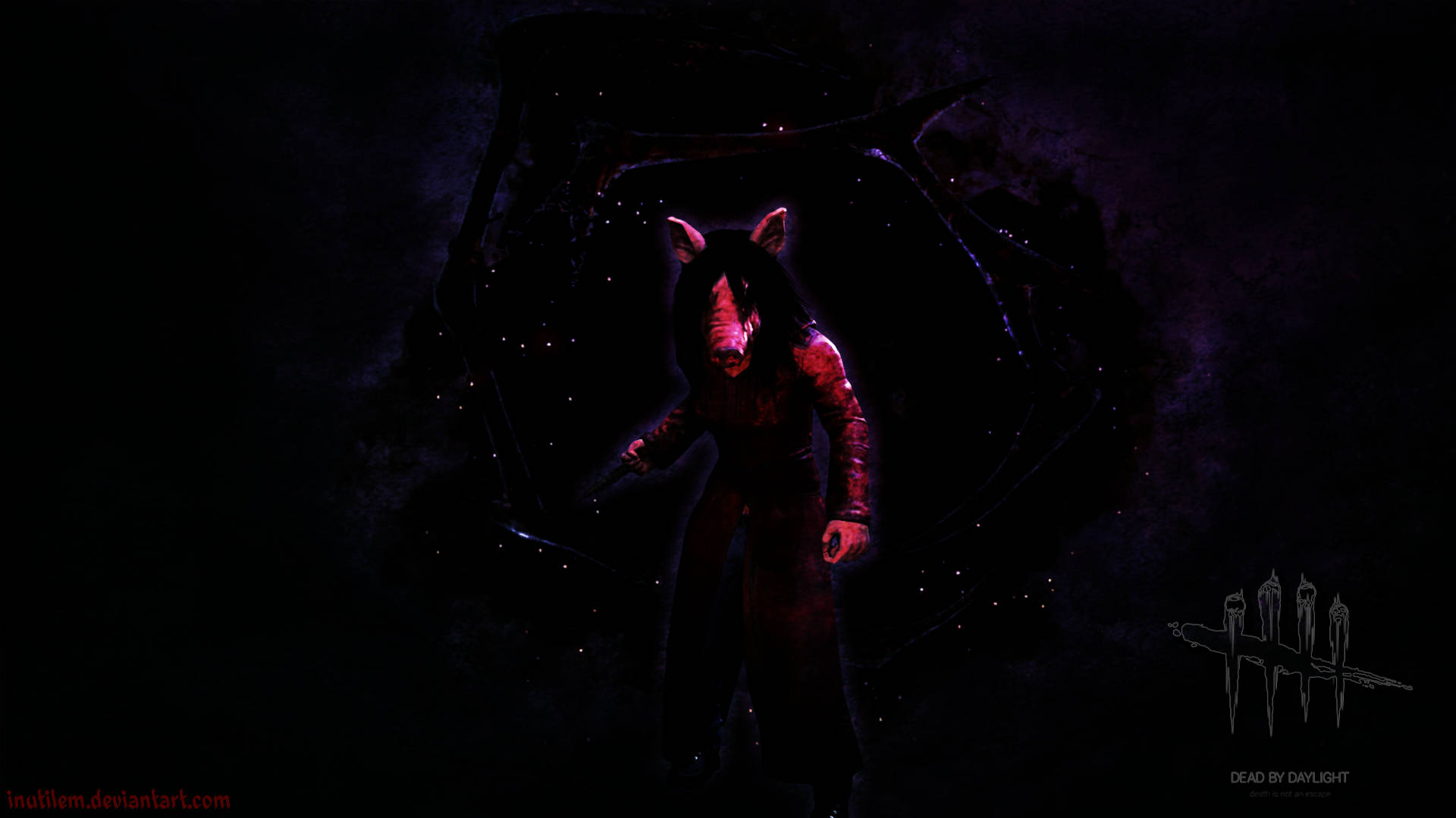 《黎明死線》中的豬頭殺人魔，身處黑暗宇宙場景，帶有紅色發光細節。