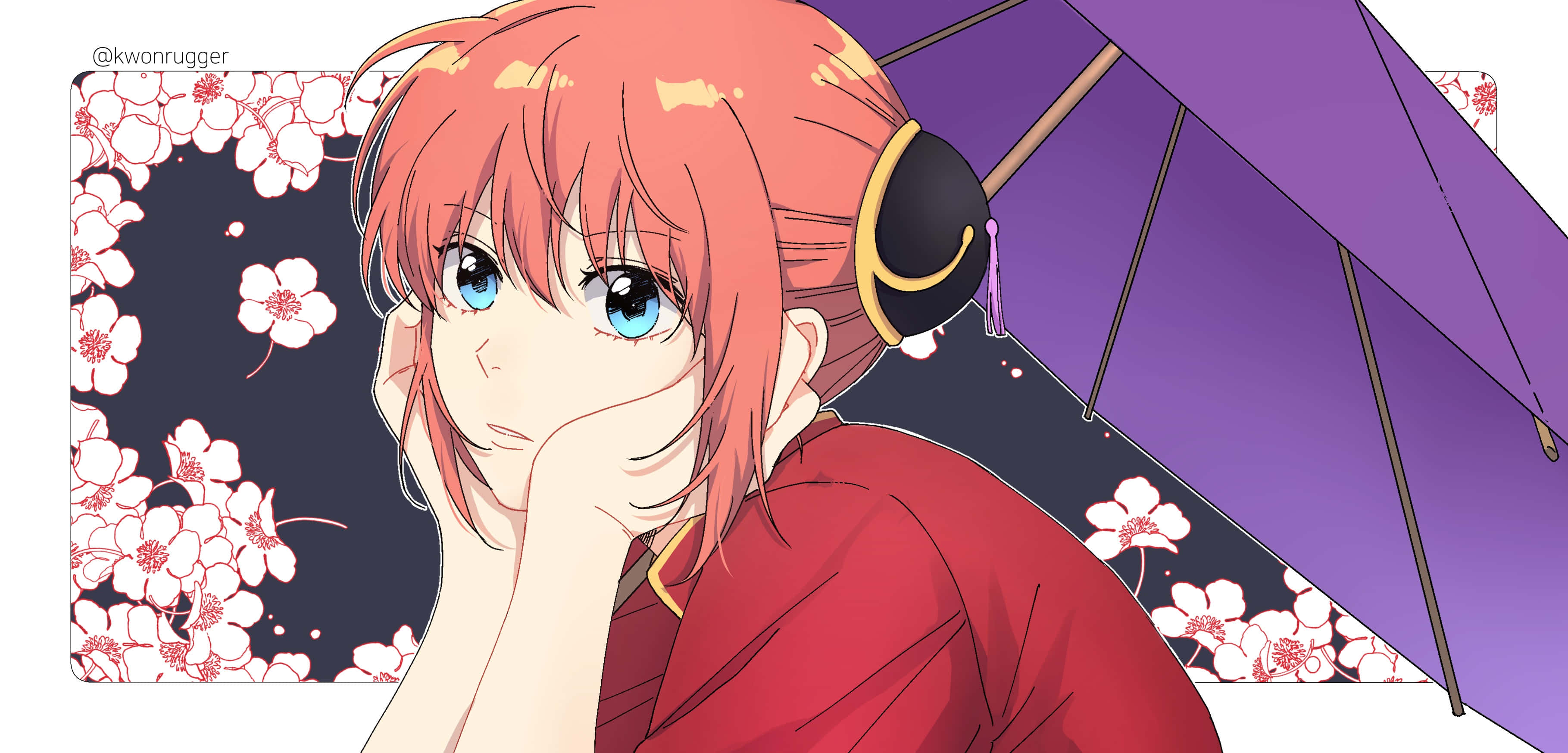 與《銀魂》一同享受無限樂趣！ 壁紙 — 一位紅髮動漫女孩穿著紅色和服，在黑暗背景中手持紫色雨傘，周圍有白色櫻花。