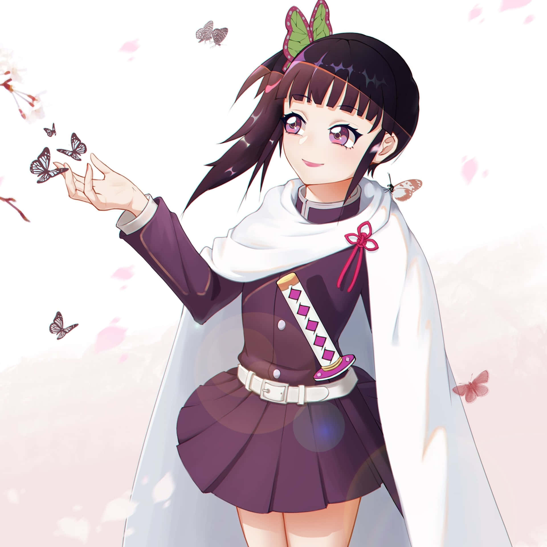 穿著紫色制服和白色斗篷的動畫女孩，被蝴蝶和櫻花環繞。