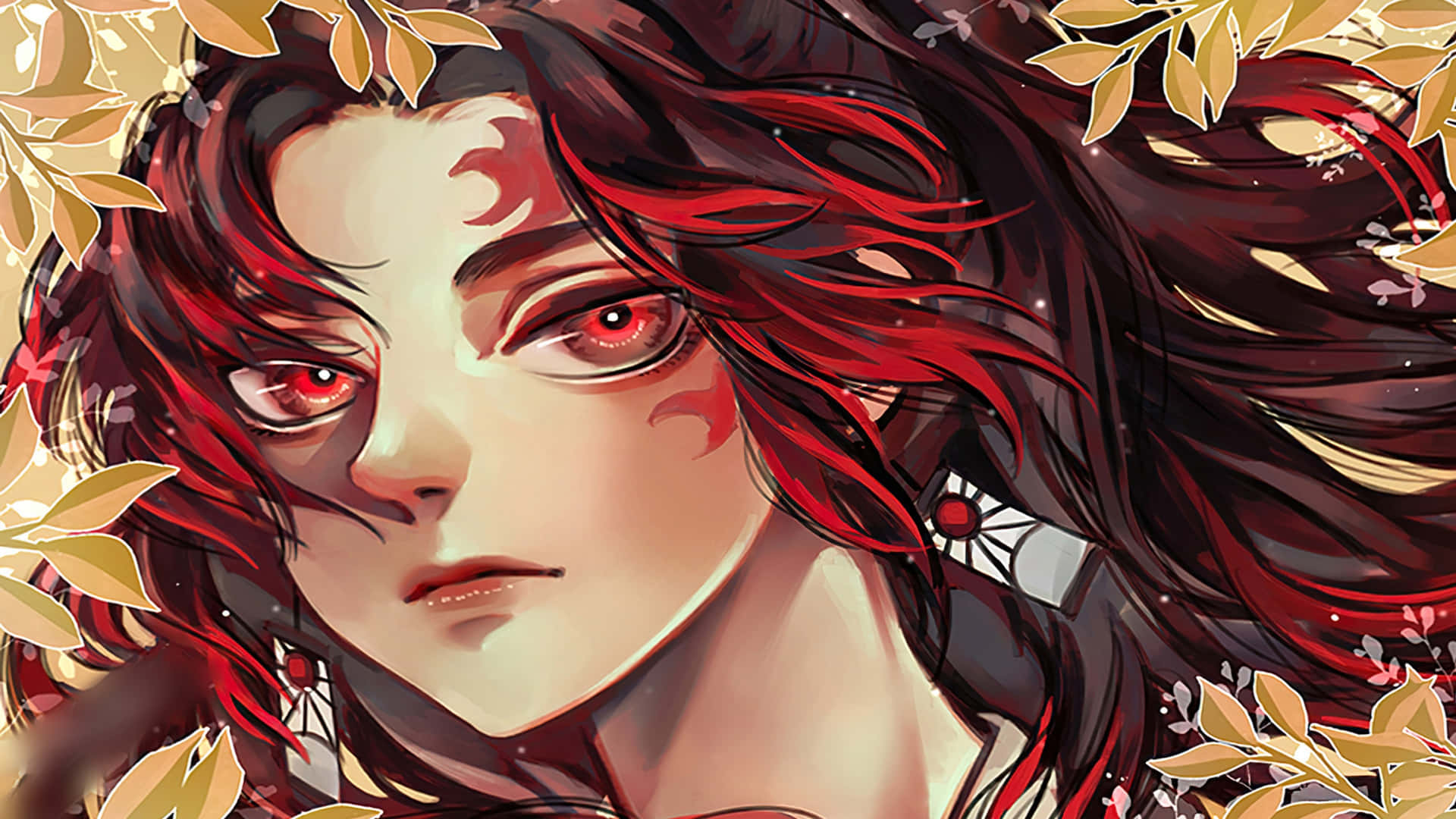 動漫女孩，紅髮紅眼，以金色秋葉為框。