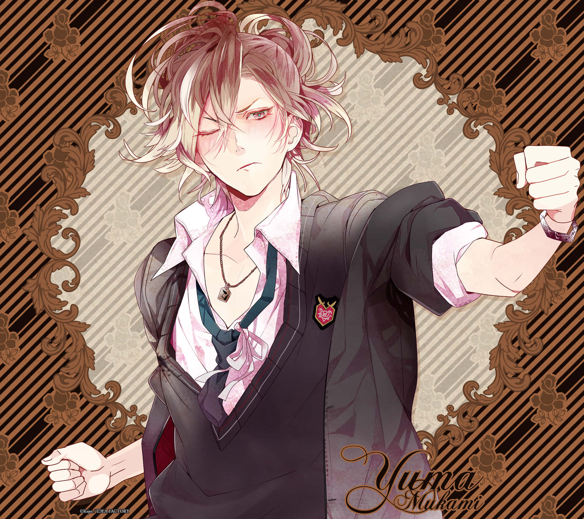 穿著校服、留著粉紅色頭髮的動漫男孩握緊拳頭擺姿勢。