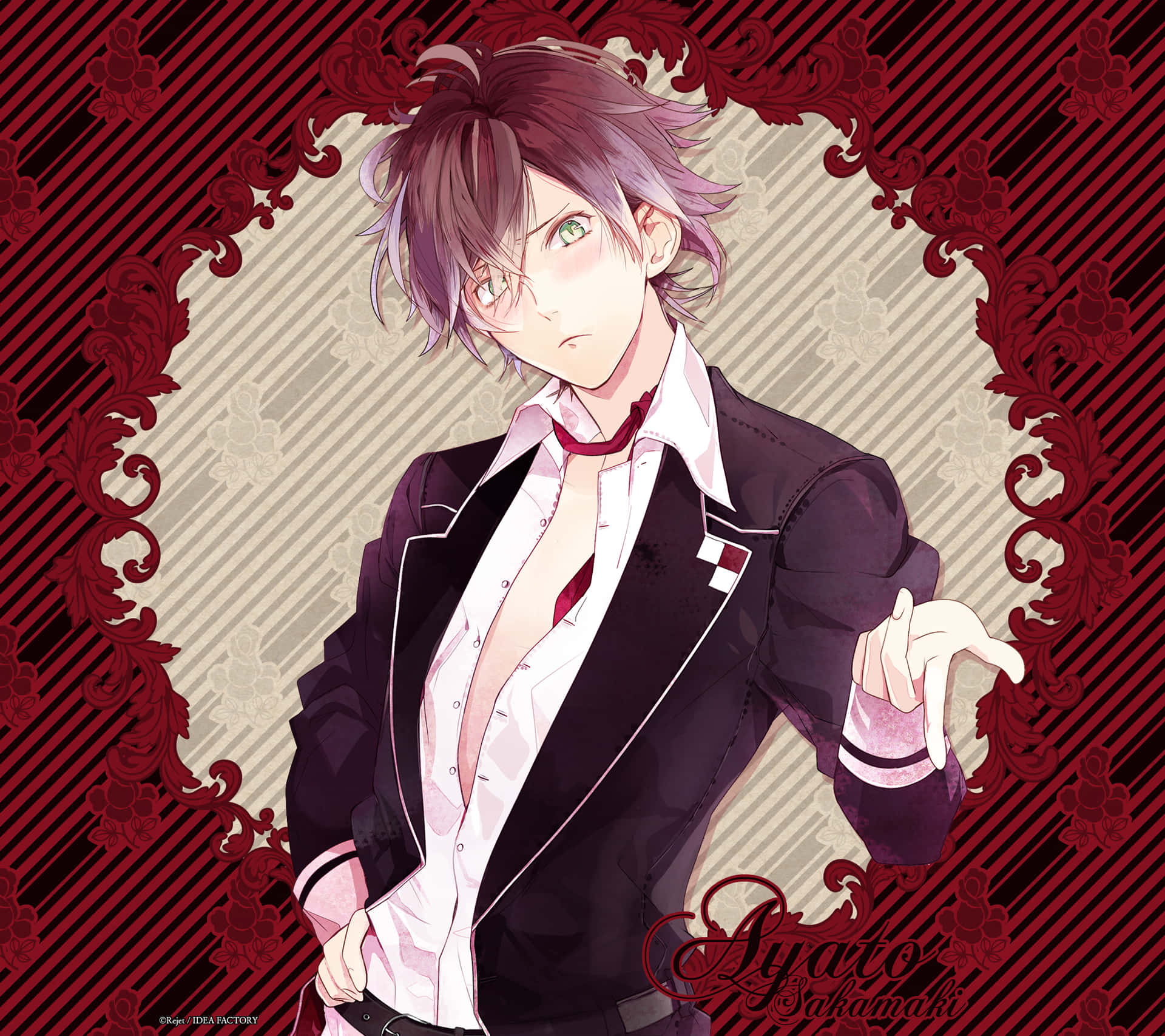 動漫角色 Ayato Sakamaki 穿著黑色西裝，紫色頭髮和綠色眼睛。