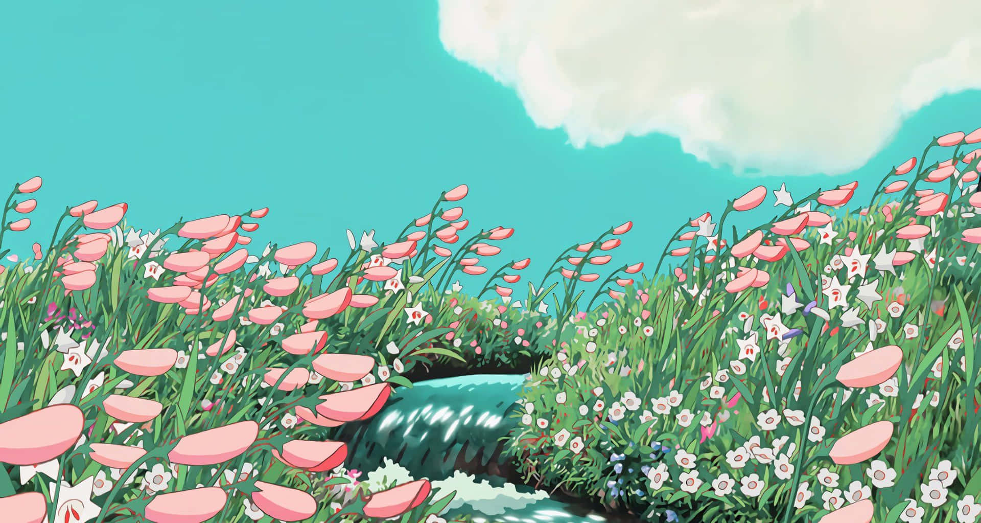 在藍綠色天空下，一條小溪流過粉白花田。